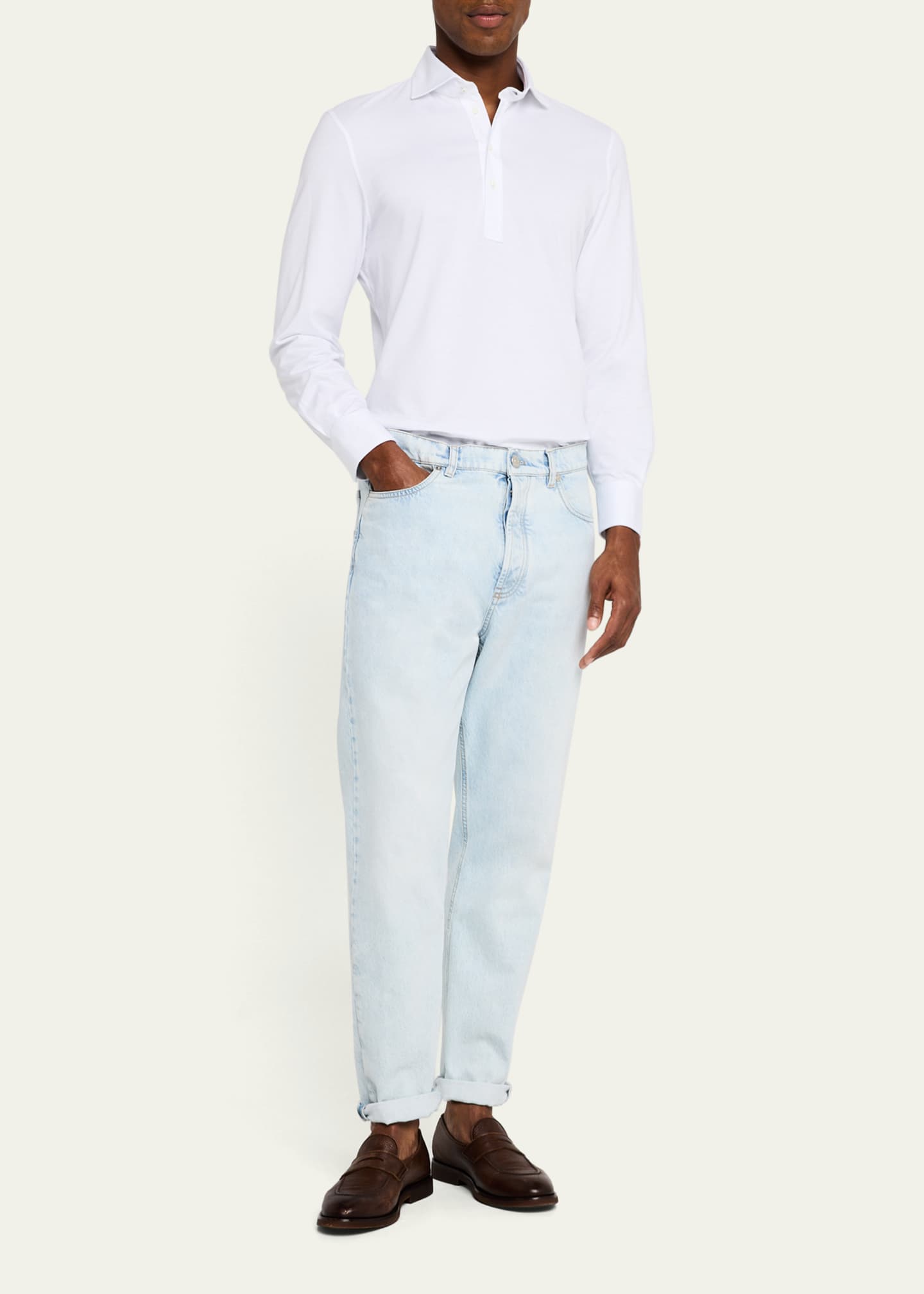 Brunello Cucinelli Men's Long-Sleeve Pique Polo Shirt Image 2 of 5
