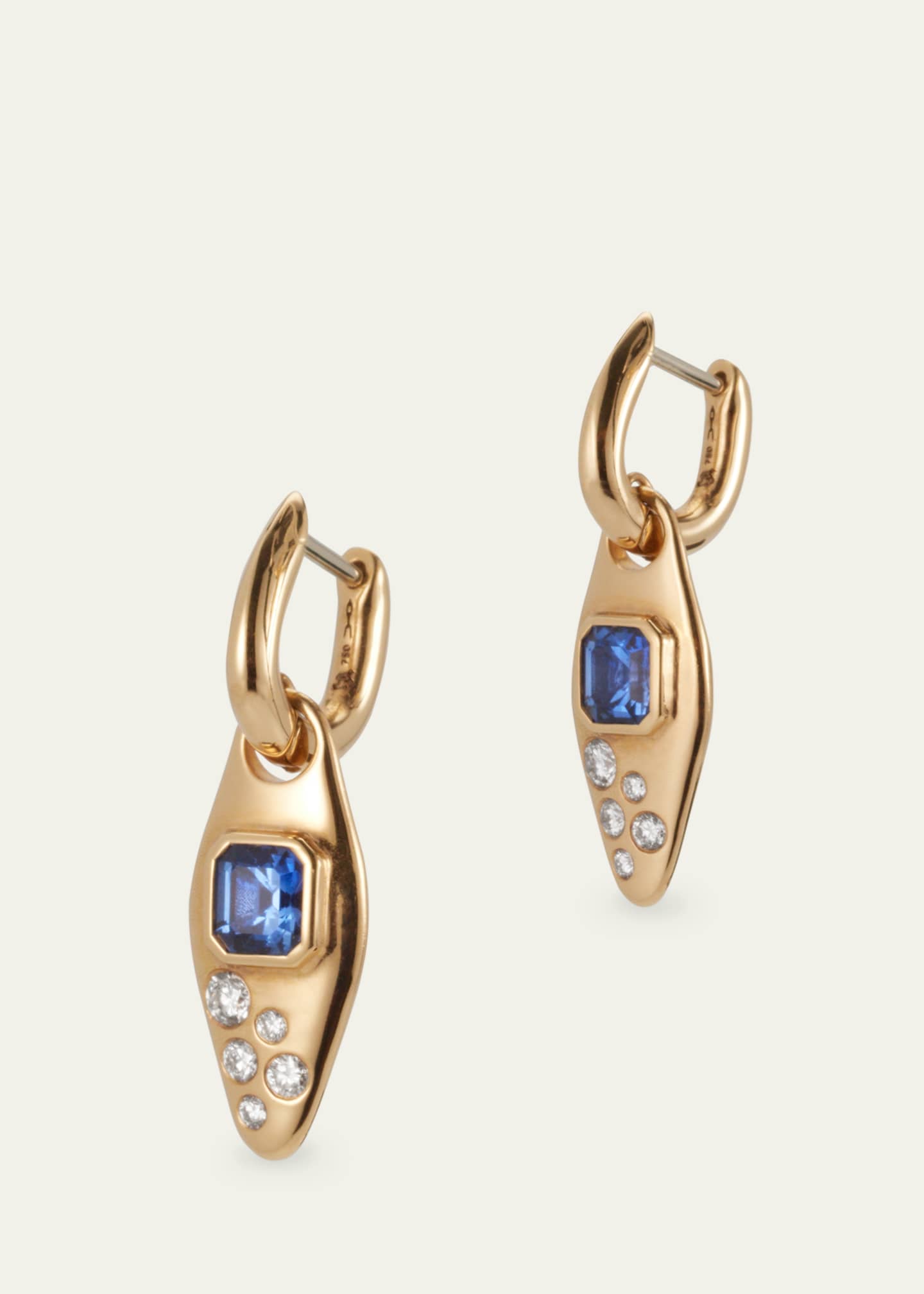 Uniform Object 18K Yellow Gold Blue Sapphire And Diamond Vessel Huggie Earrings Image 3 of 4