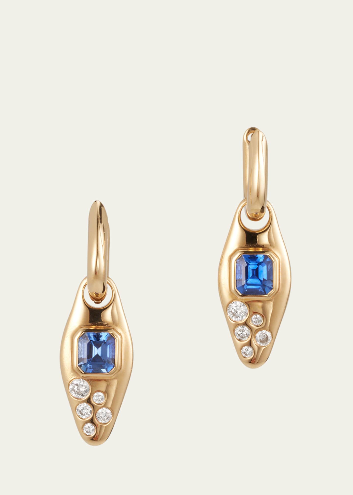 Uniform Object 18K Yellow Gold Blue Sapphire And Diamond Vessel Huggie Earrings Image 1 of 4