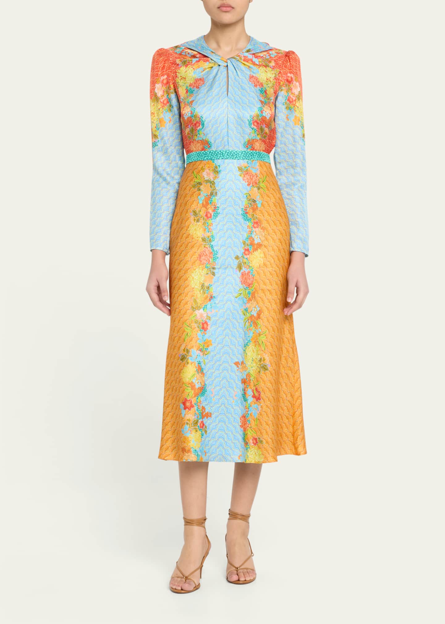Saloni Claudia Floral Silk Long-Sleeve Fluted Midi Dress Image 2 of 5