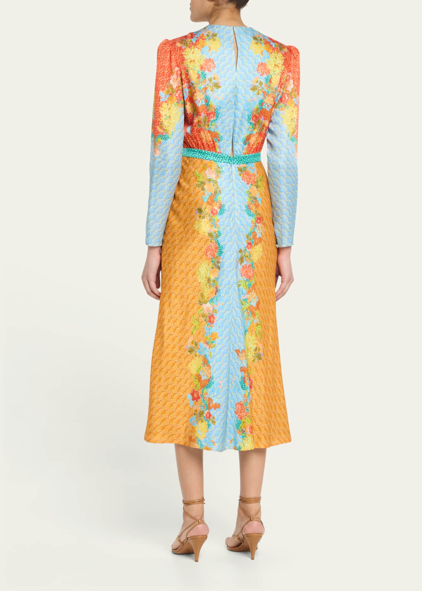 Saloni Claudia Floral Silk Long-Sleeve Fluted Midi Dress Image 3 of 5