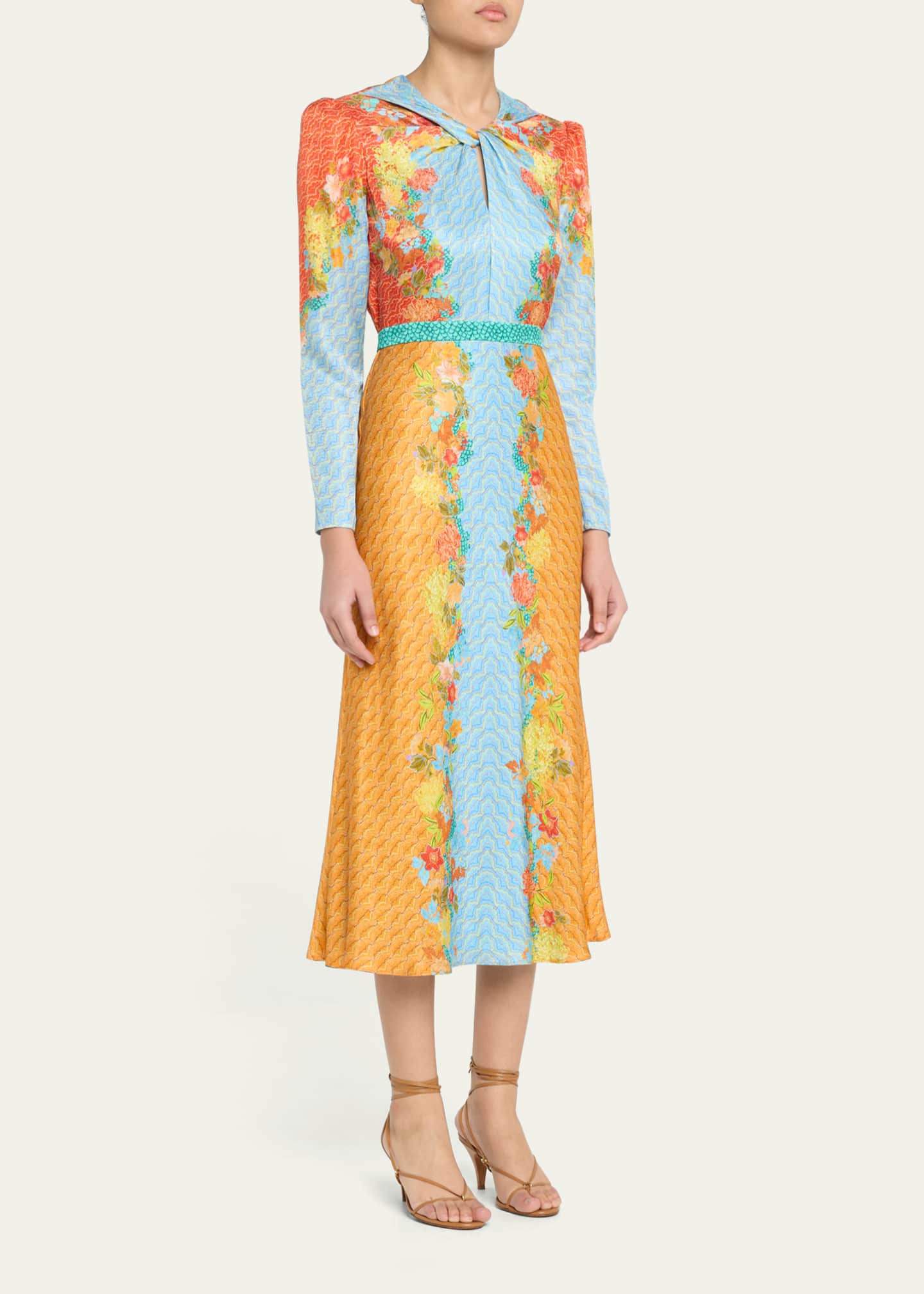 Saloni Claudia Floral Silk Long-Sleeve Fluted Midi Dress Image 4 of 5