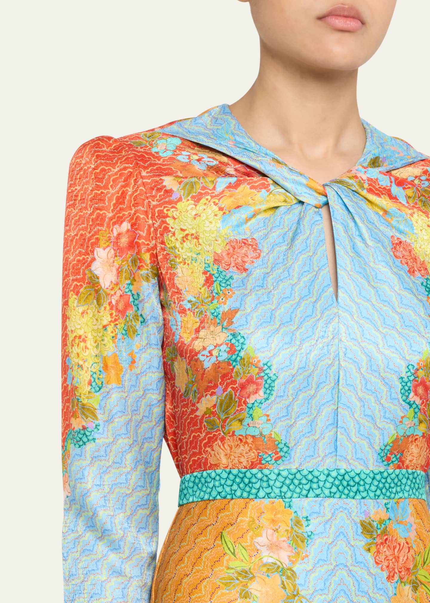 Saloni Claudia Floral Silk Long-Sleeve Fluted Midi Dress Image 5 of 5
