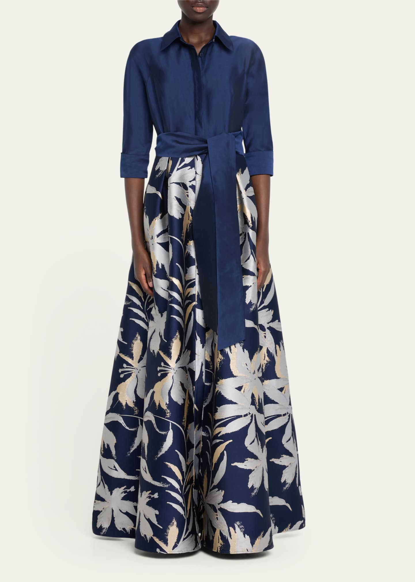 Rickie Freeman for Teri Jon 3/4-Sleeve Floral Jacquard Shirt Gown Image 2 of 5