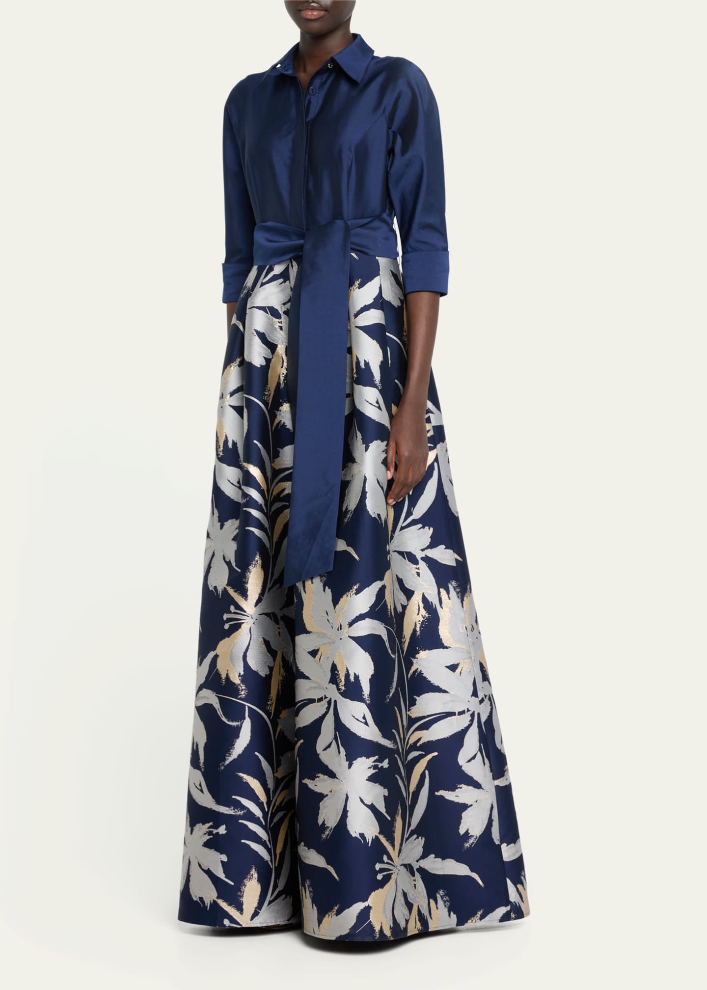 Rickie Freeman for Teri Jon 3/4-Sleeve Floral Jacquard Shirt Gown Image 4 of 5