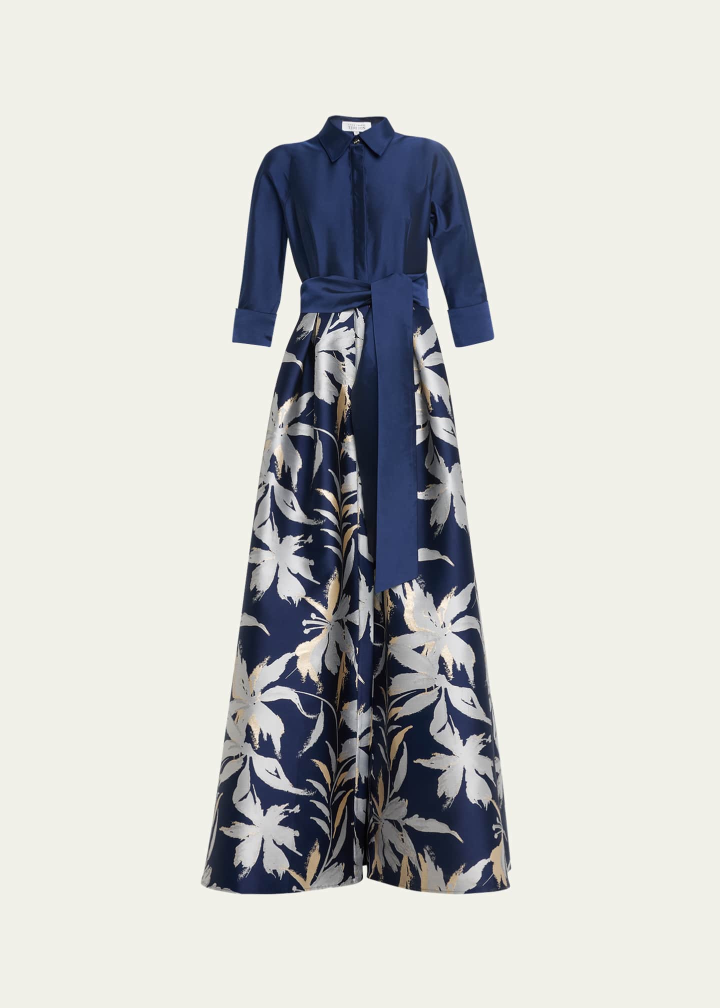 Rickie Freeman for Teri Jon 3/4-Sleeve Floral Jacquard Shirt Gown Image 1 of 5