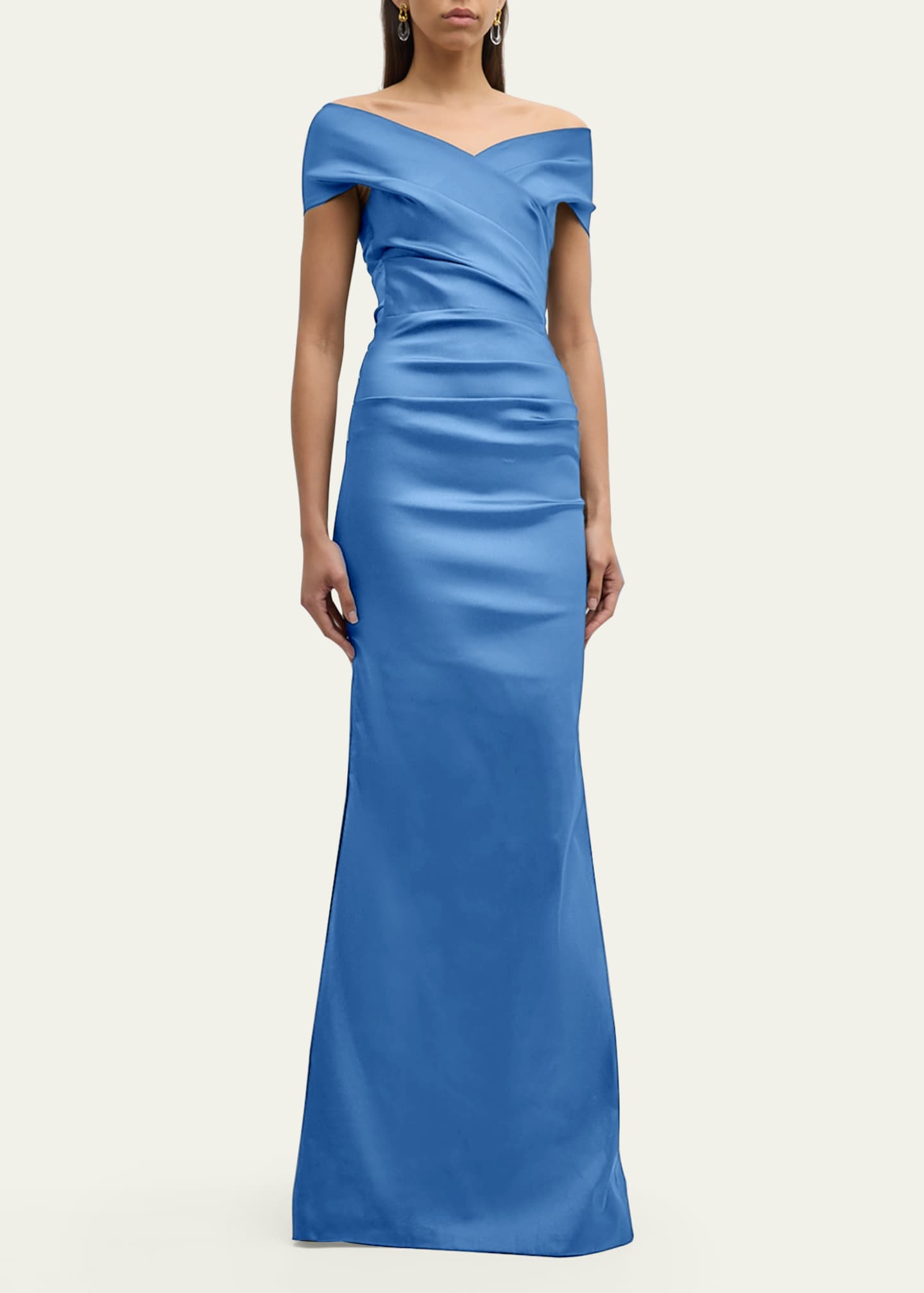 Rickie Freeman for Teri Jon Pleated Off-Shoulder Satin Column Gown Image 2 of 5