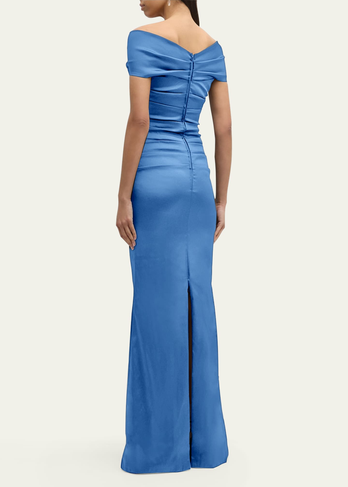 Rickie Freeman for Teri Jon Pleated Off-Shoulder Satin Column Gown Image 3 of 5