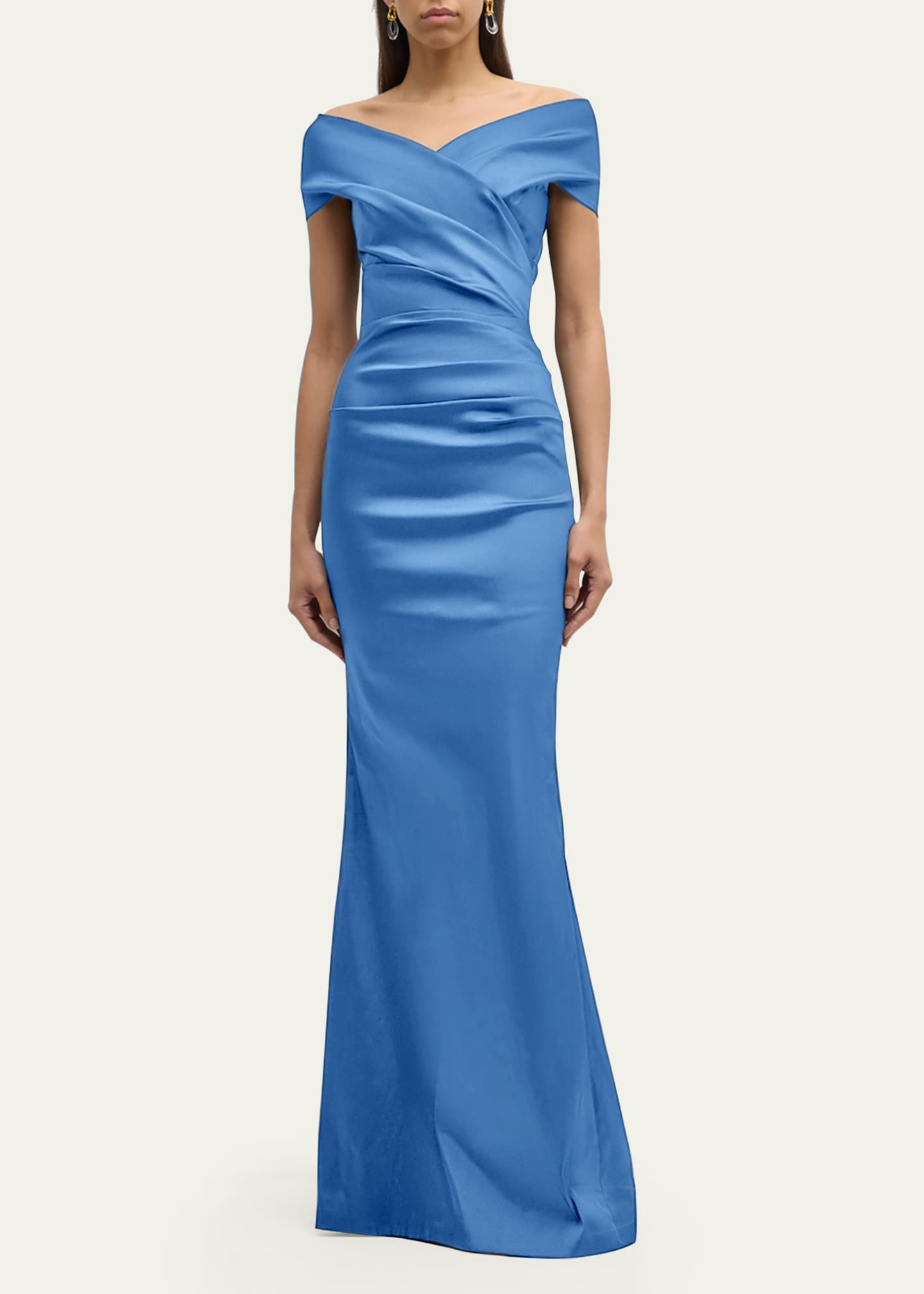 Rickie Freeman for Teri Jon Pleated Off-Shoulder Satin Column Gown Image 4 of 5