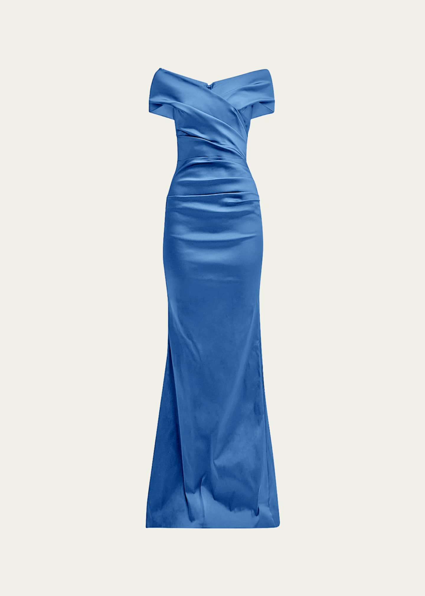 Rickie Freeman for Teri Jon Pleated Off-Shoulder Satin Column Gown Image 1 of 5