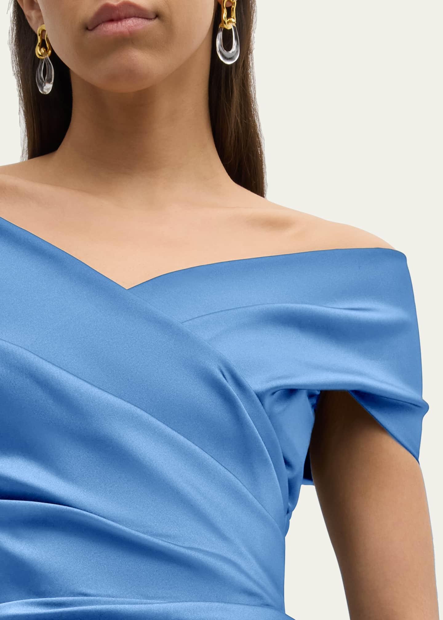 Rickie Freeman for Teri Jon Pleated Off-Shoulder Satin Column Gown Image 5 of 5