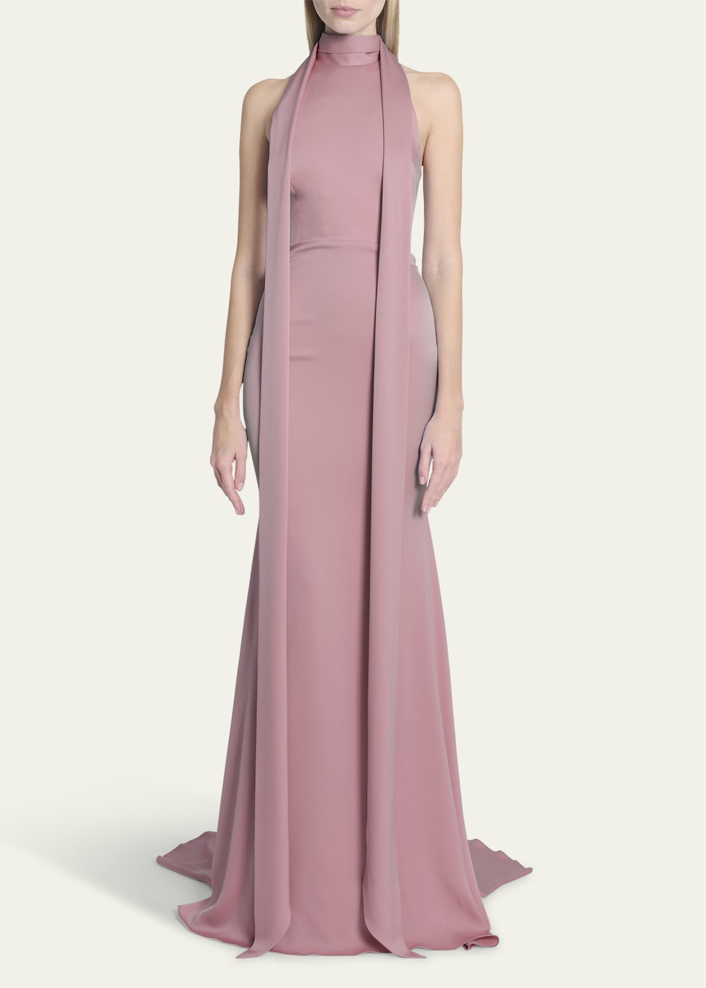 Alex Perry Satin Crepe Mermaid Gown with Scarf Neckline Image 2 of 5