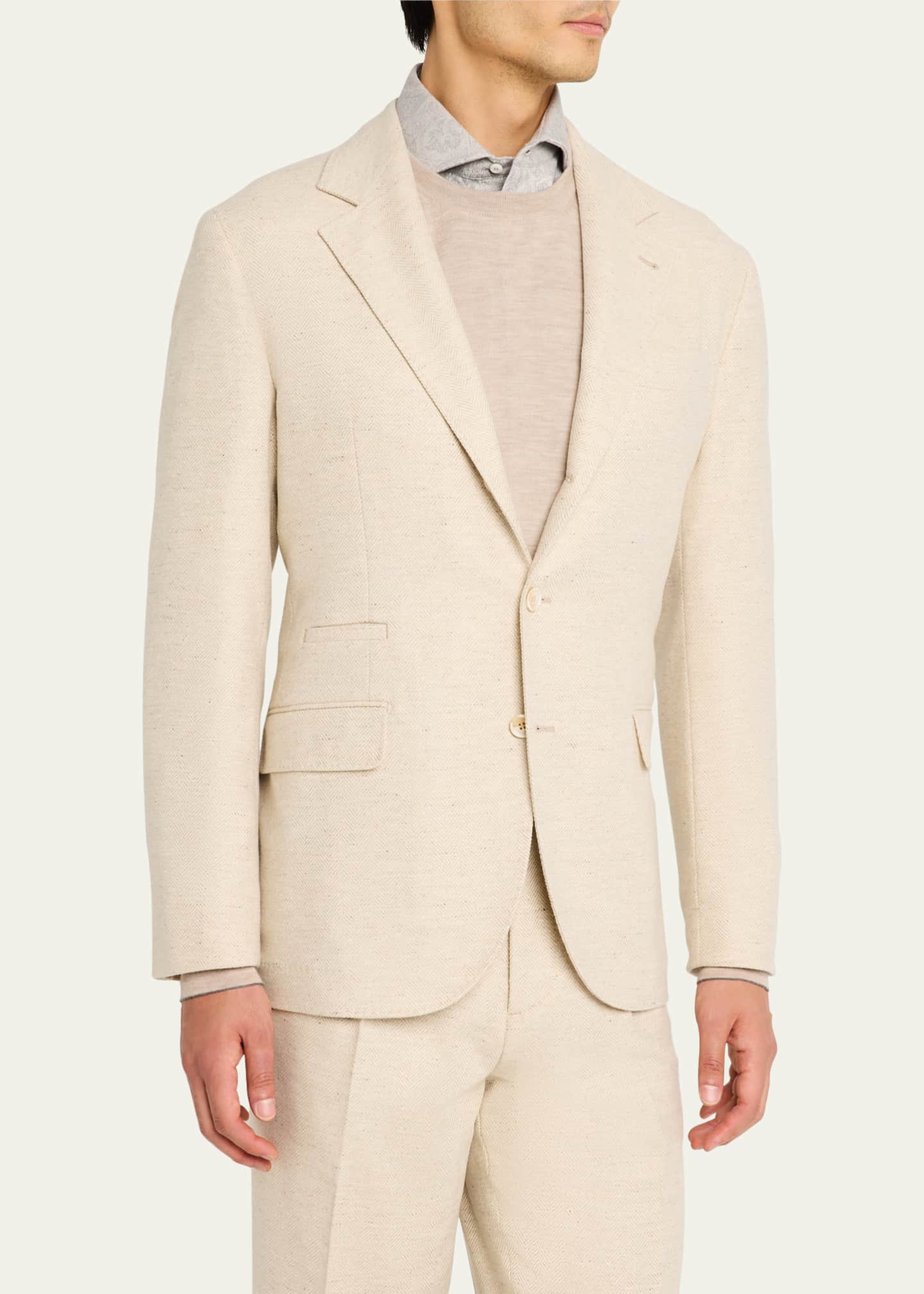 Brunello Cucinelli Men's Wool-Cashmere Herringbone Suit Image 4 of 8