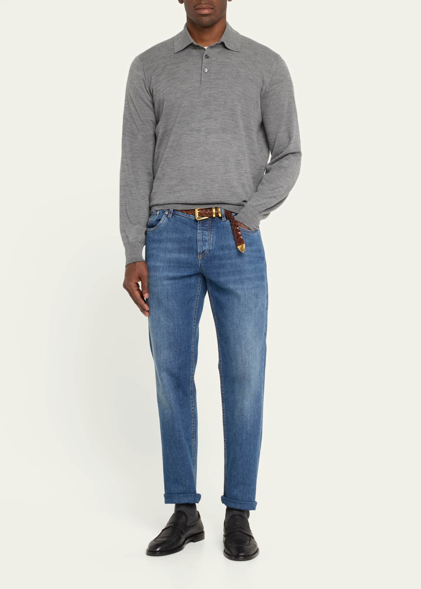 Brunello Cucinelli Men's Fine-Gauge Wool-Cashmere Polo Shirt Image 2 of 5