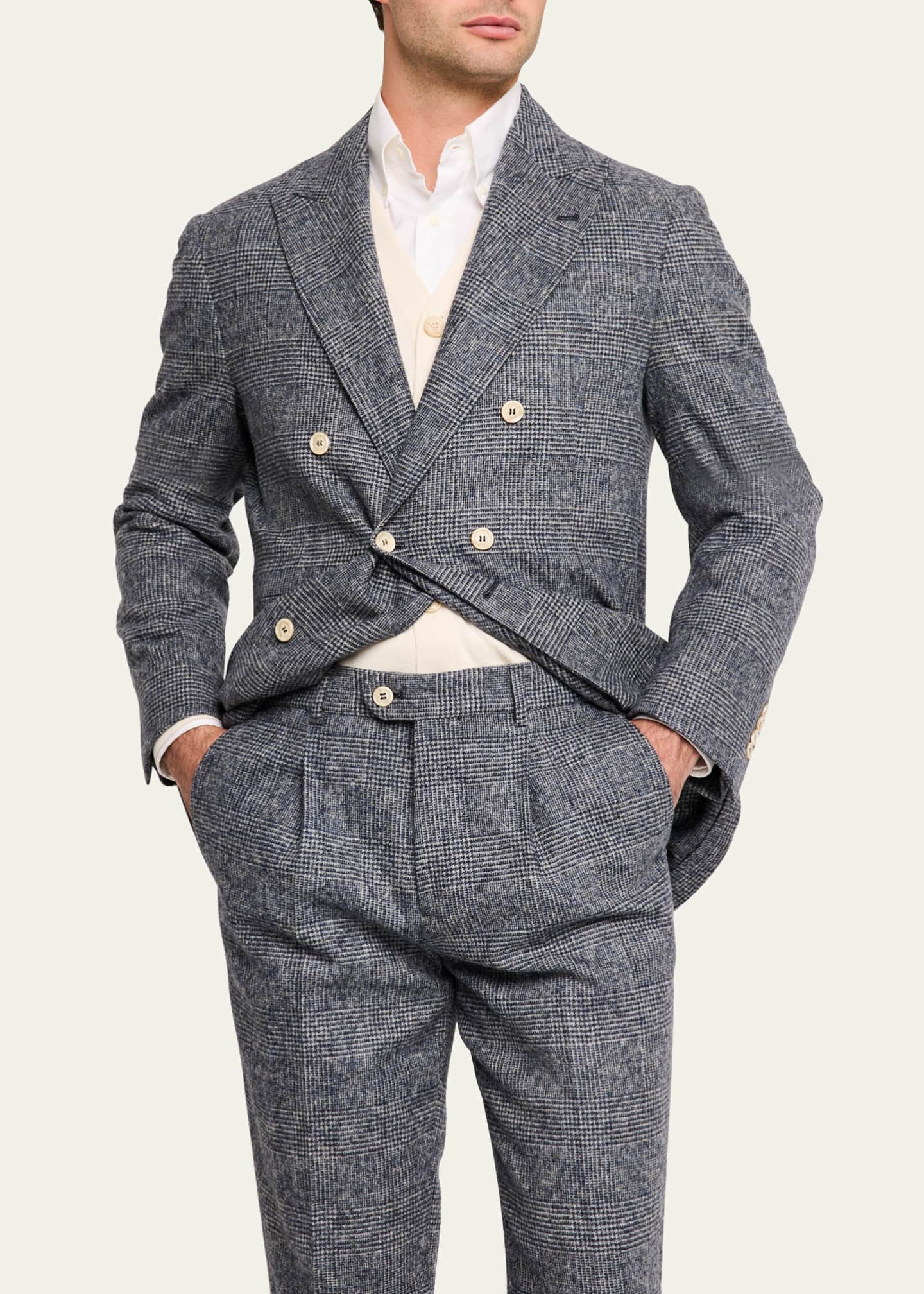Brunello Cucinelli Men's Double-Breasted Plaid Suit Image 4 of 8
