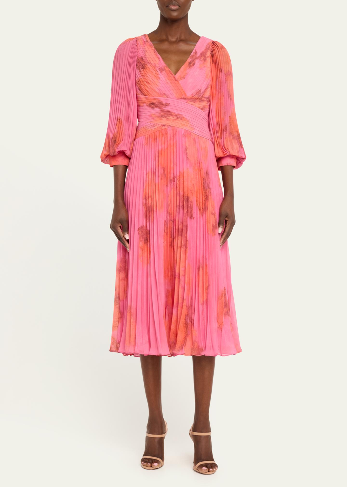 Rickie Freeman for Teri Jon Pleated Abstract-Print Chiffon Midi Dress ...