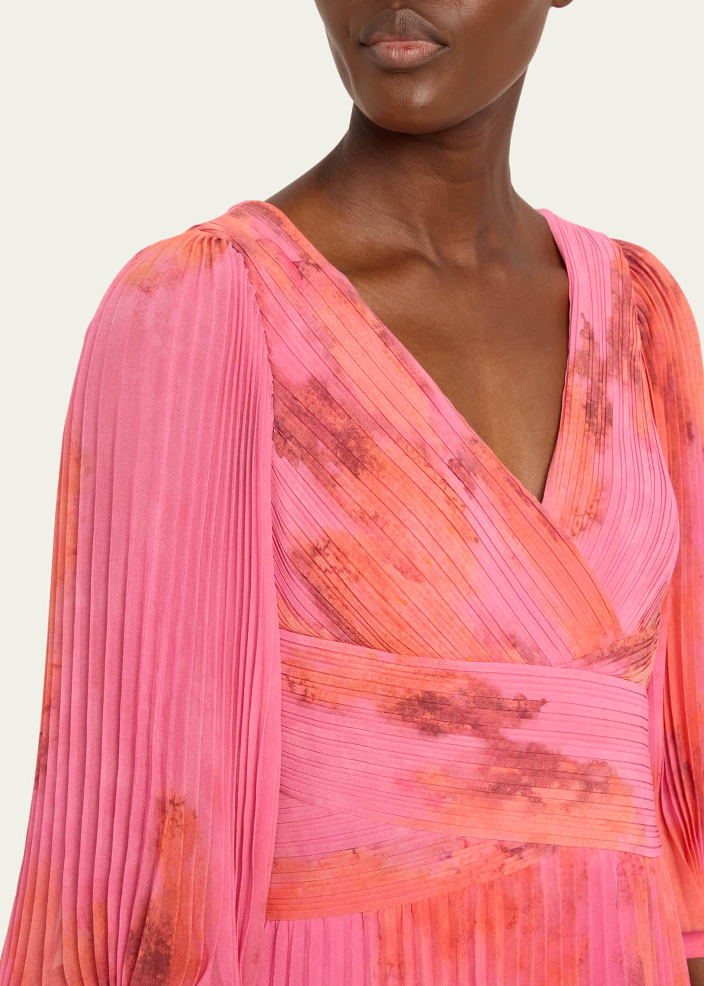Rickie Freeman for Teri Jon Pleated Abstract-Print Chiffon Midi Dress
