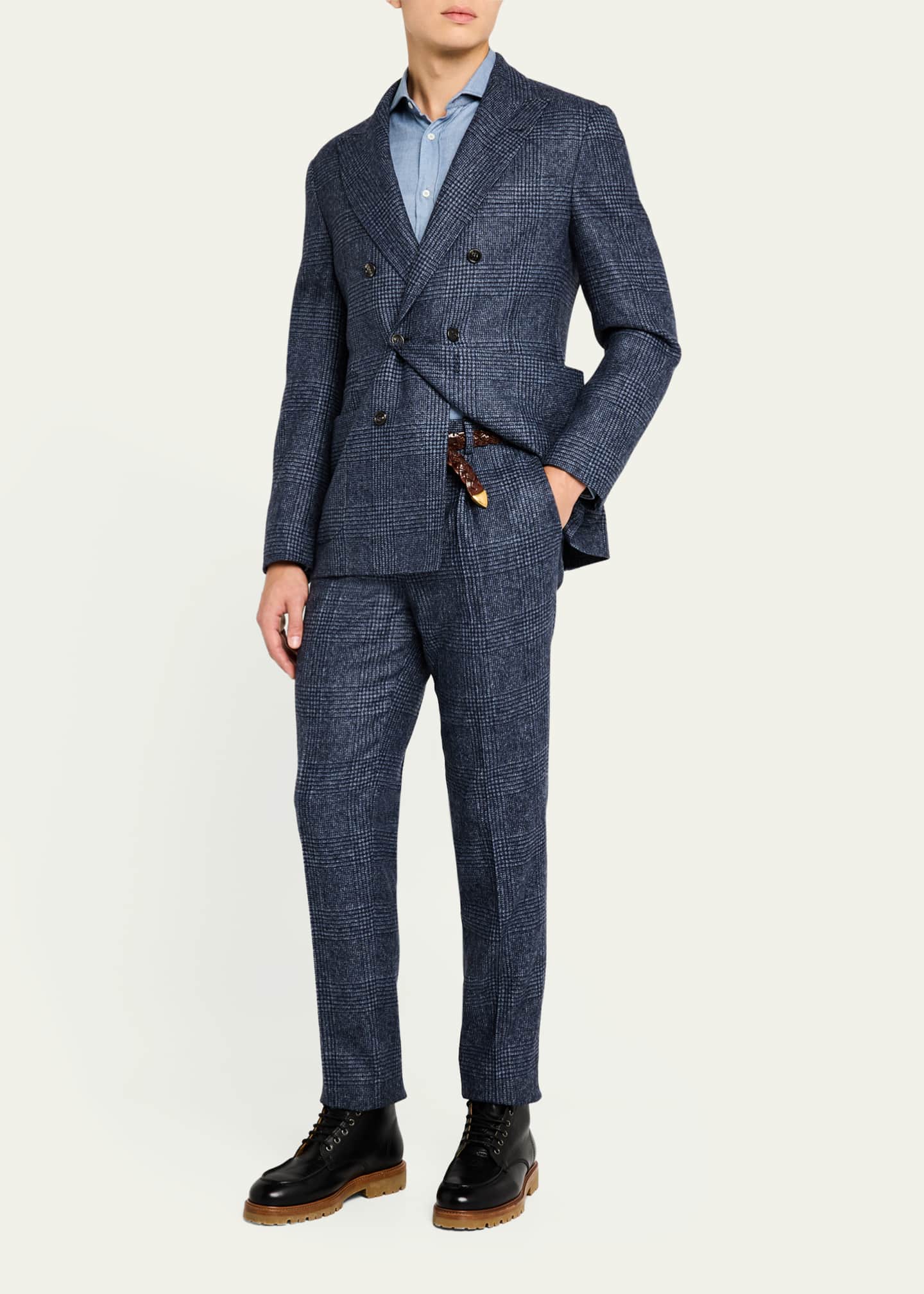 Brunello Cucinelli Men's Overplaid Double-Breasted Suit Image 2 of 8