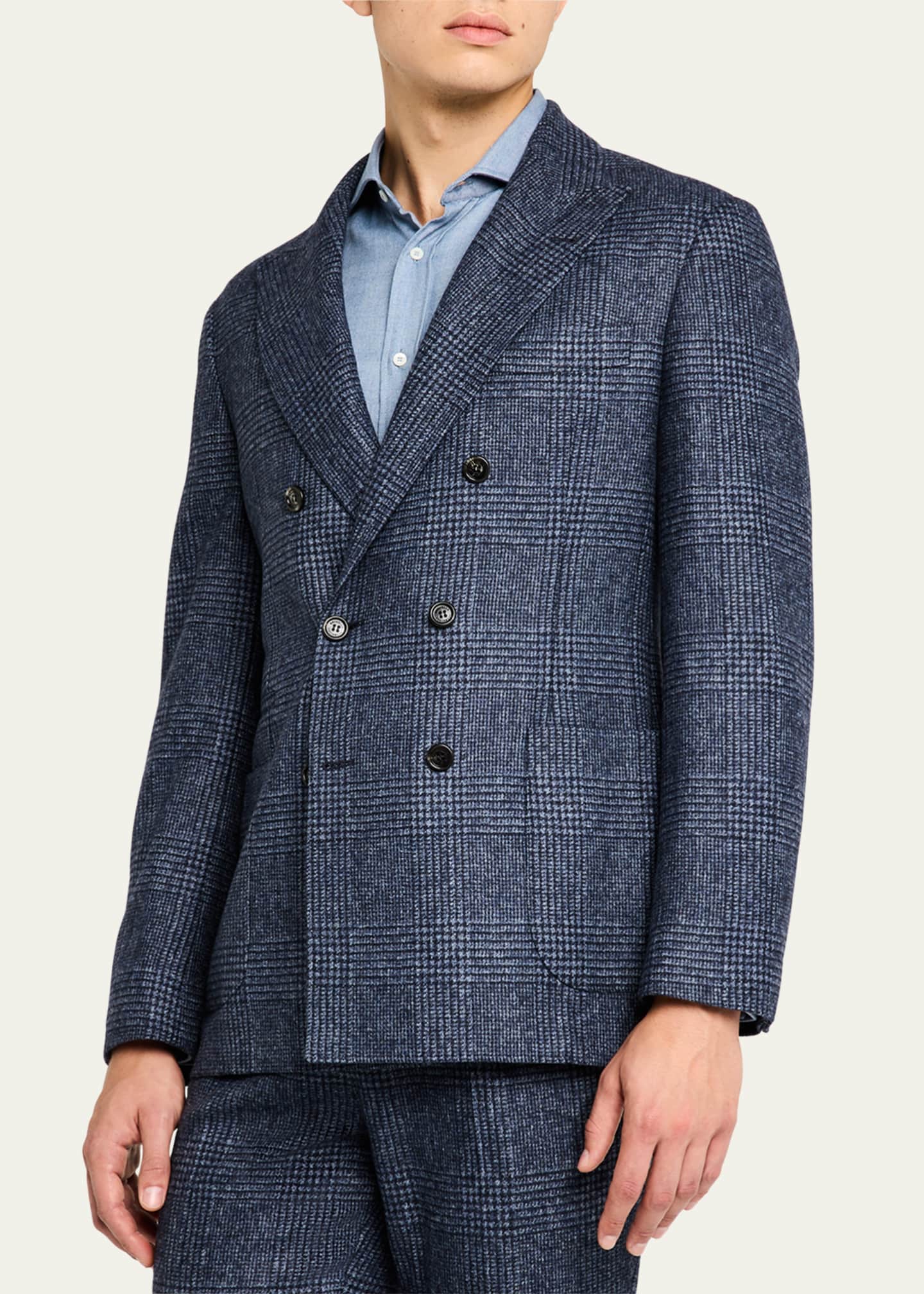 Brunello Cucinelli Men's Overplaid Double-Breasted Suit Image 4 of 8