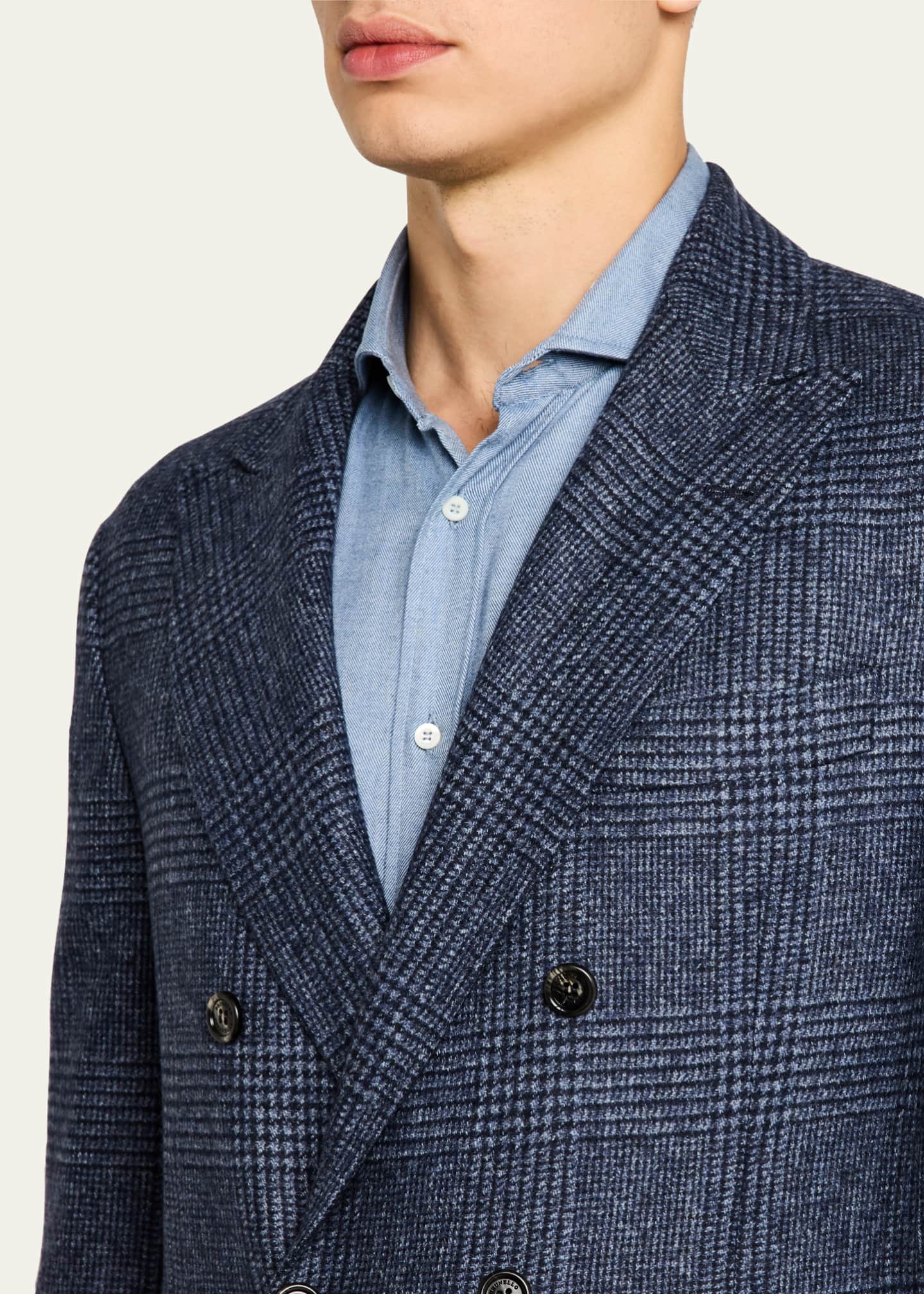Brunello Cucinelli Men's Overplaid Double-Breasted Suit Image 6 of 8