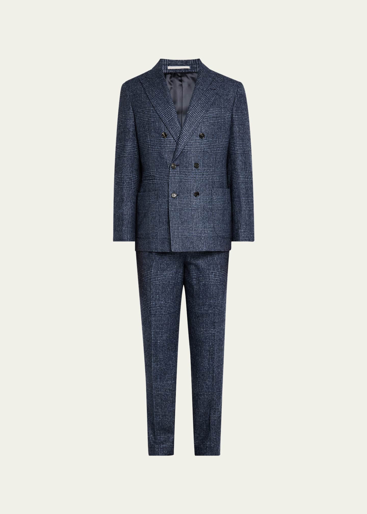 Brunello Cucinelli Men's Overplaid Double-Breasted Suit Image 1 of 8