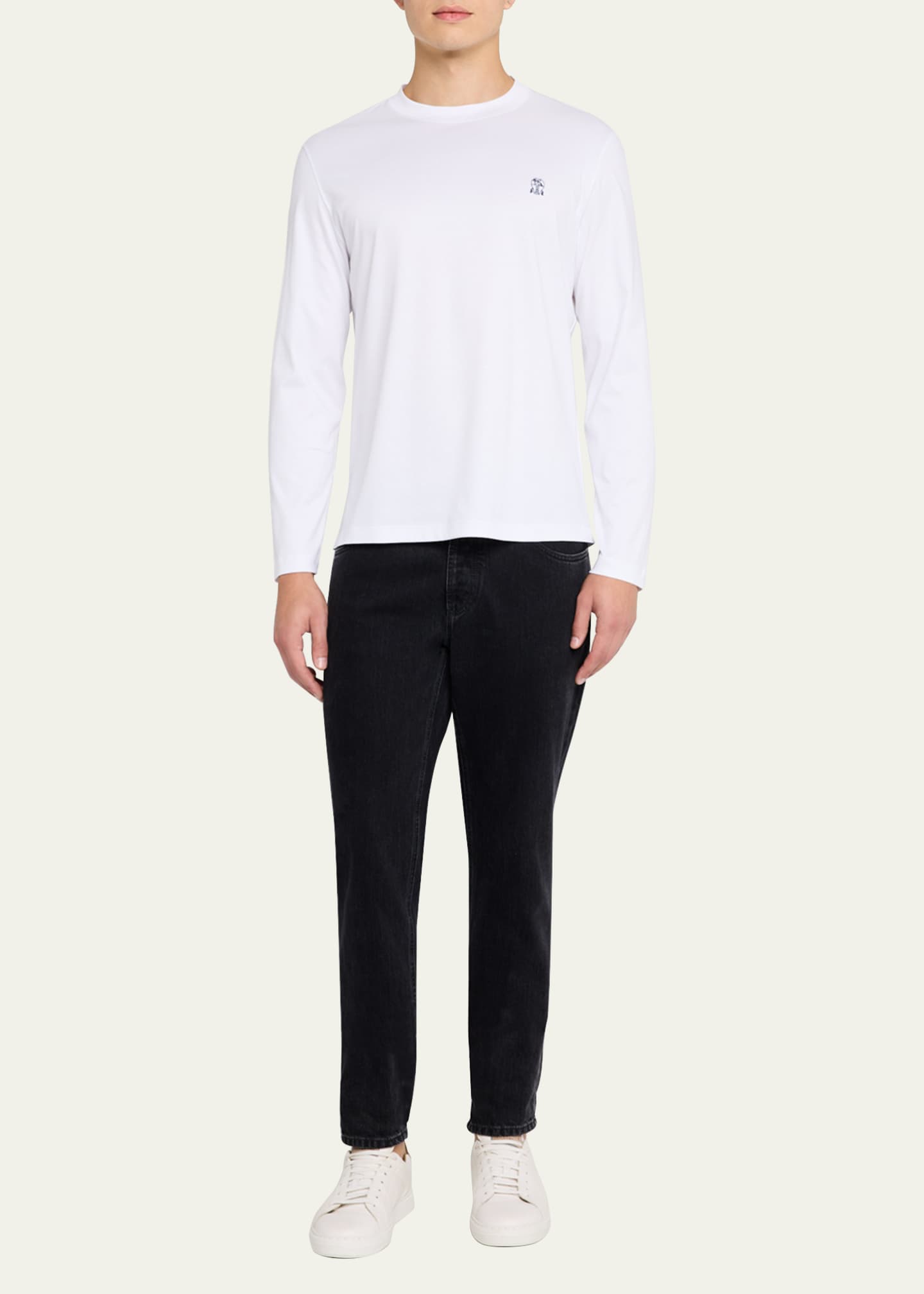 Brunello Cucinelli Men's Long-Sleeve Logo Crewneck T-Shirt Image 2 of 5
