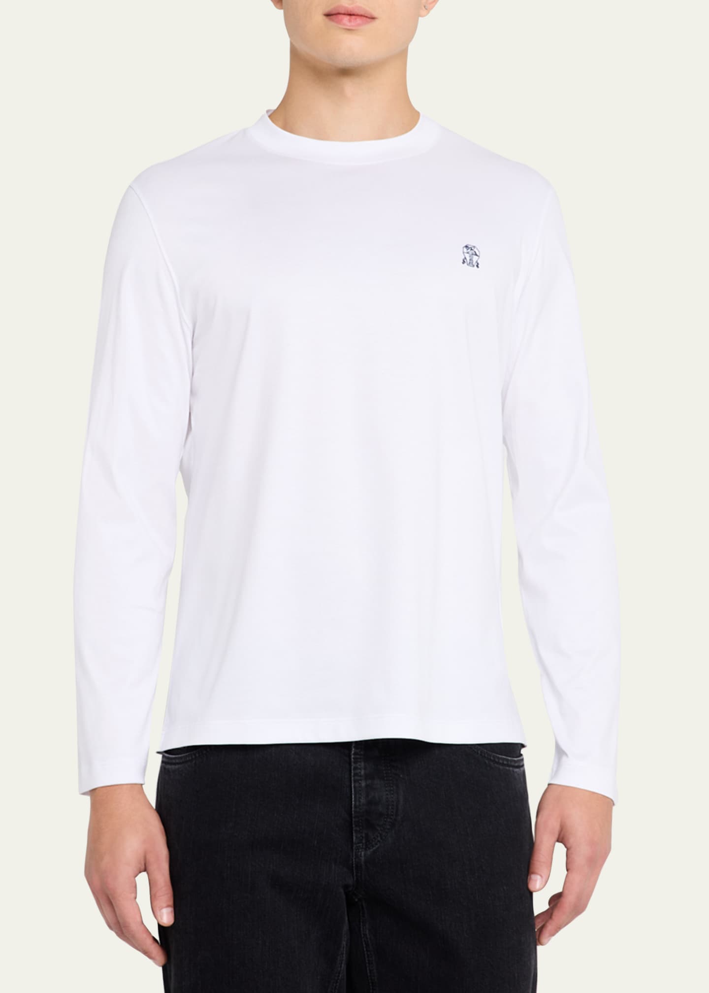 Brunello Cucinelli Men's Long-Sleeve Logo Crewneck T-Shirt Image 4 of 5