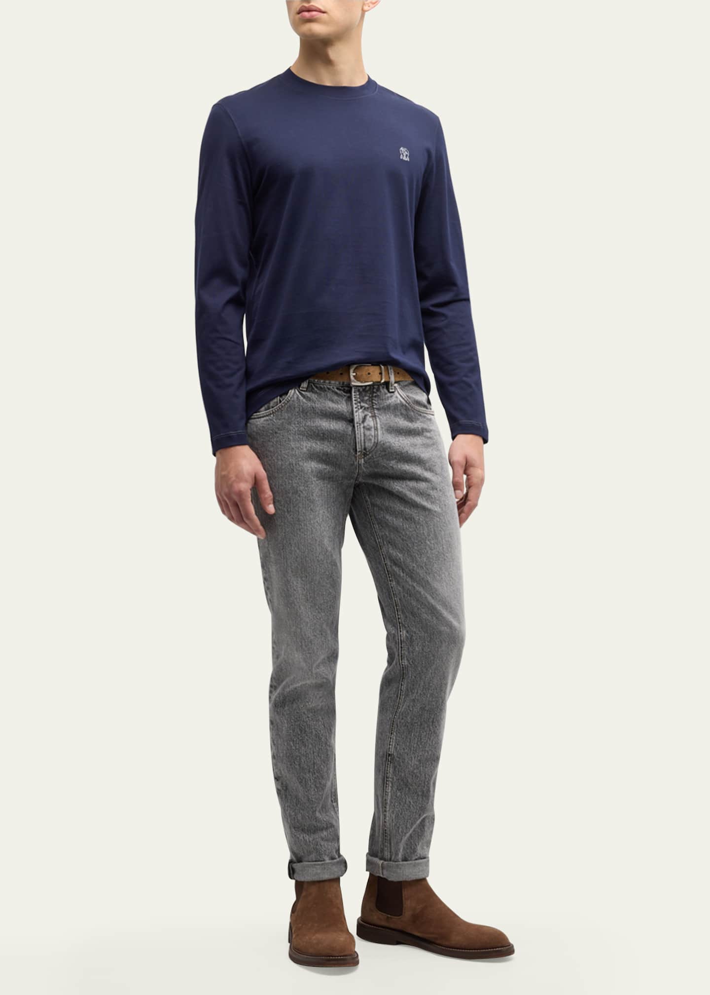 Brunello Cucinelli Men's Long-Sleeve Logo Crewneck T-Shirt Image 2 of 5