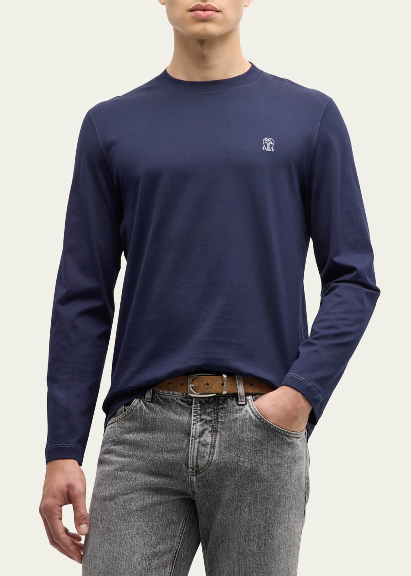 Brunello Cucinelli Men's Long-Sleeve Logo Crewneck T-Shirt Image 4 of 5