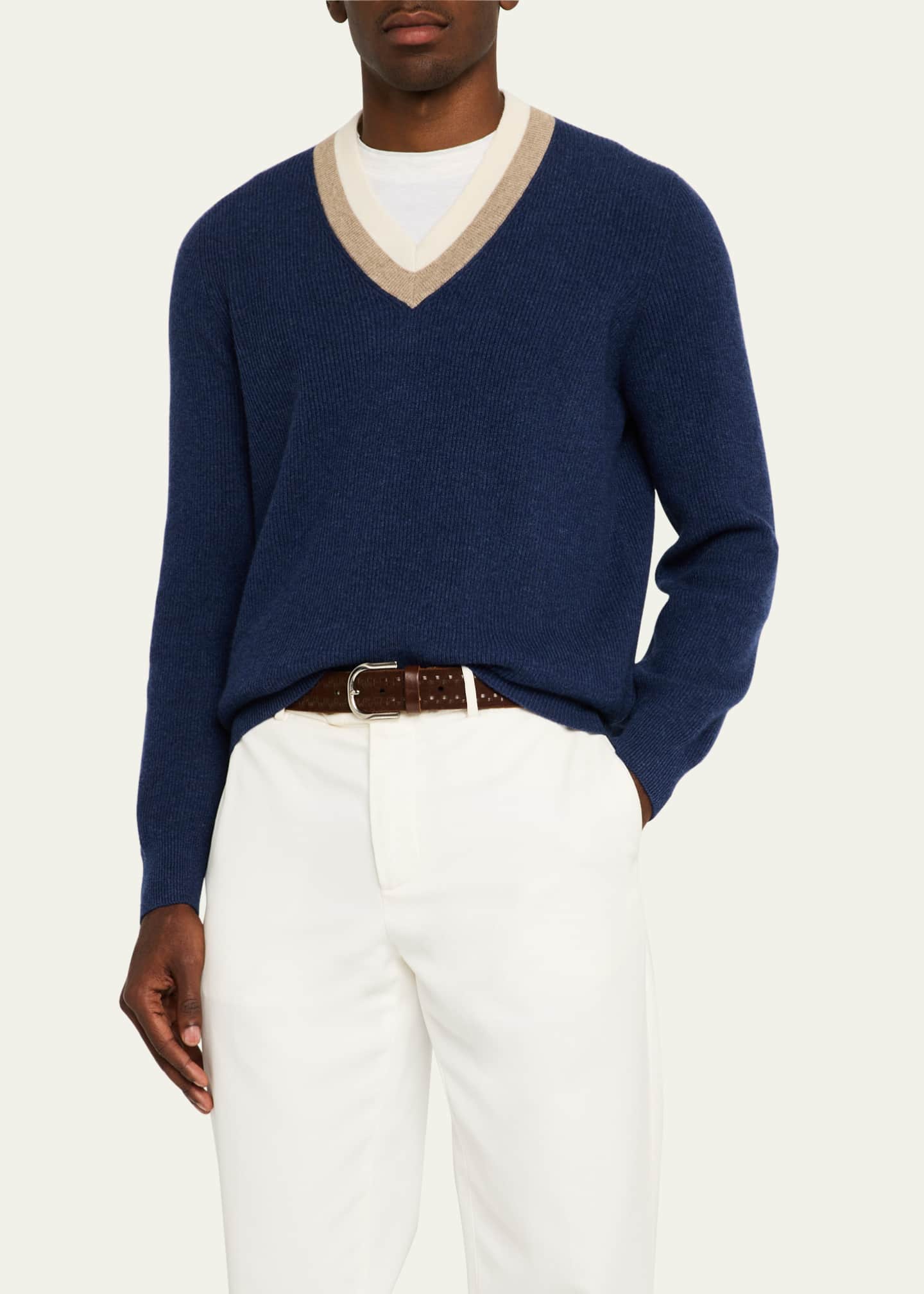 Brunello Cucinelli Men's Cashmere Double Varsity Stripe V