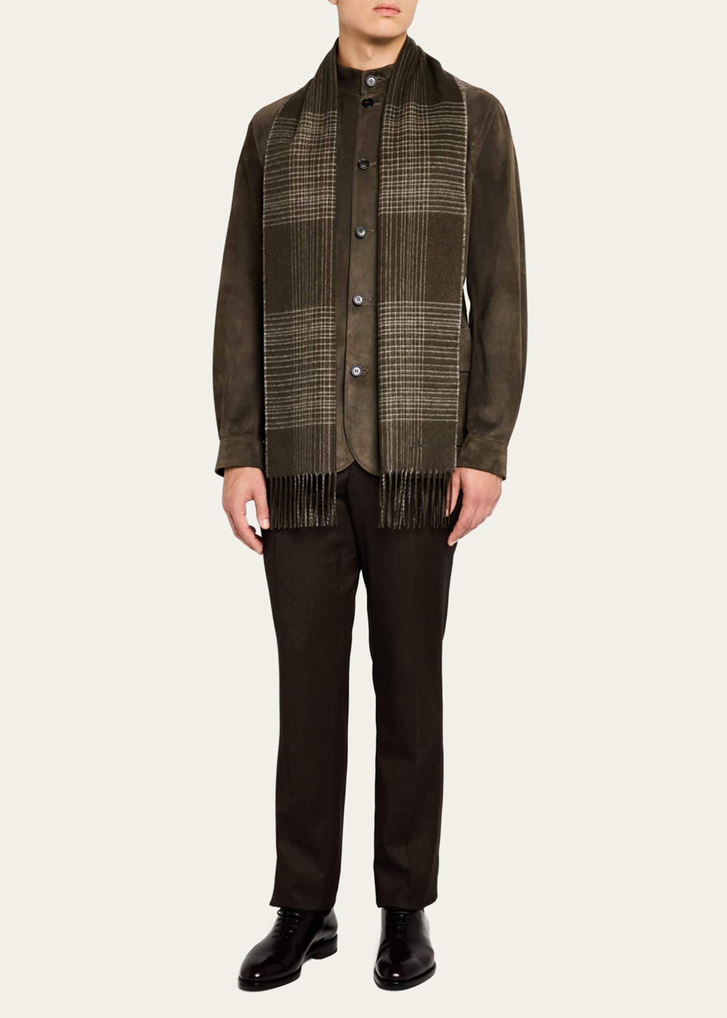 Brioni Men's Plaid Fringe Silk Cashmere Scarf Image 2 of 5