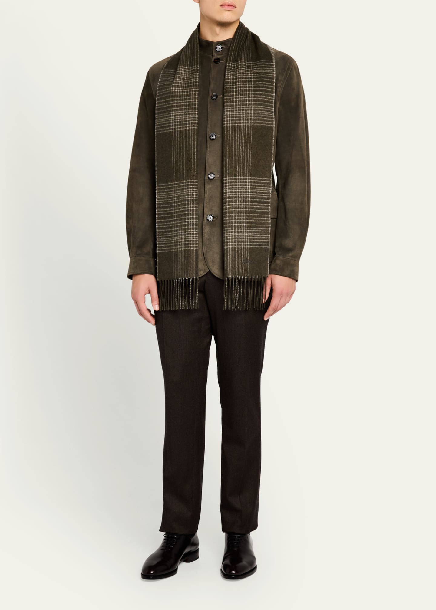Brioni Men's Plaid Fringe Silk Cashmere Scarf Image 3 of 5