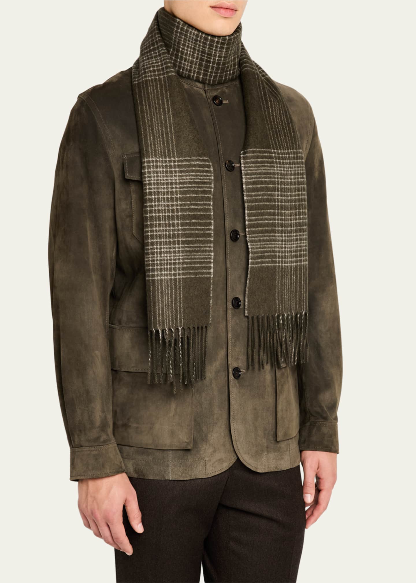Brioni Men's Plaid Fringe Silk Cashmere Scarf Image 4 of 5