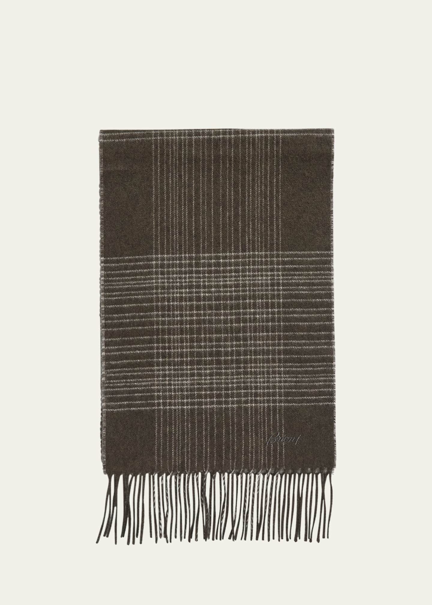 Brioni Men's Plaid Fringe Silk Cashmere Scarf Image 1 of 5