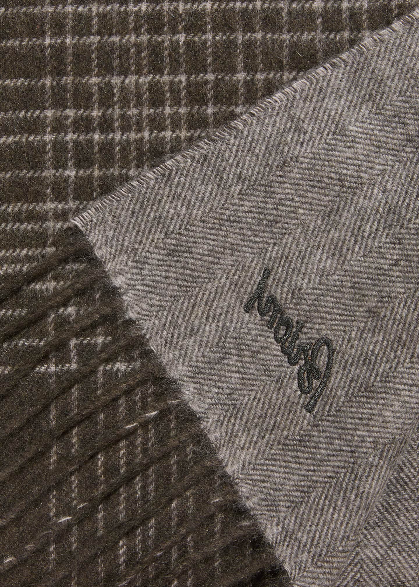 Brioni Men's Plaid Fringe Silk Cashmere Scarf Image 5 of 5