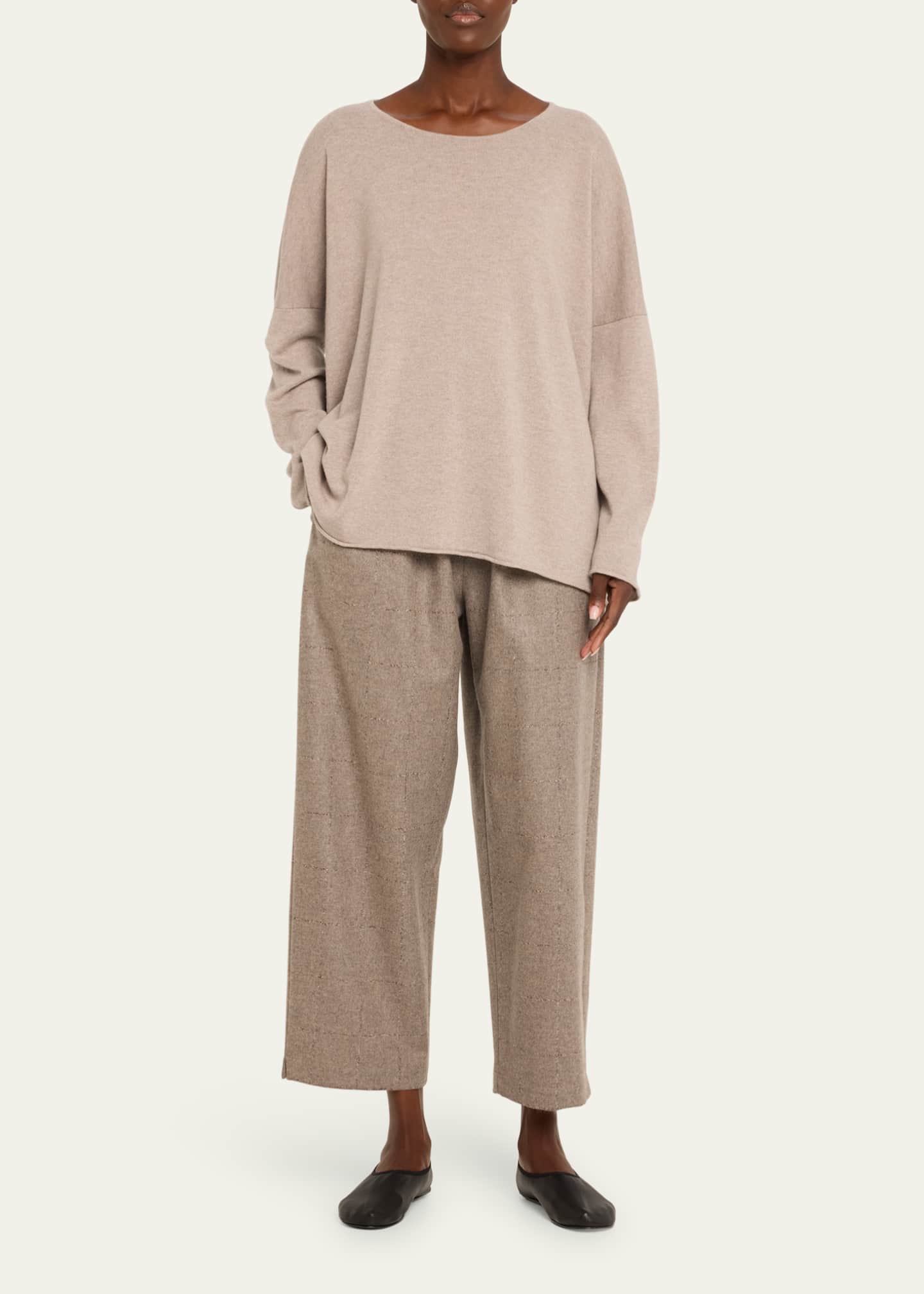 Eskandar Slim-Sleeve Raw Edge Bateau-Neck Sweater (Mid Plus Length) Image 2 of 5