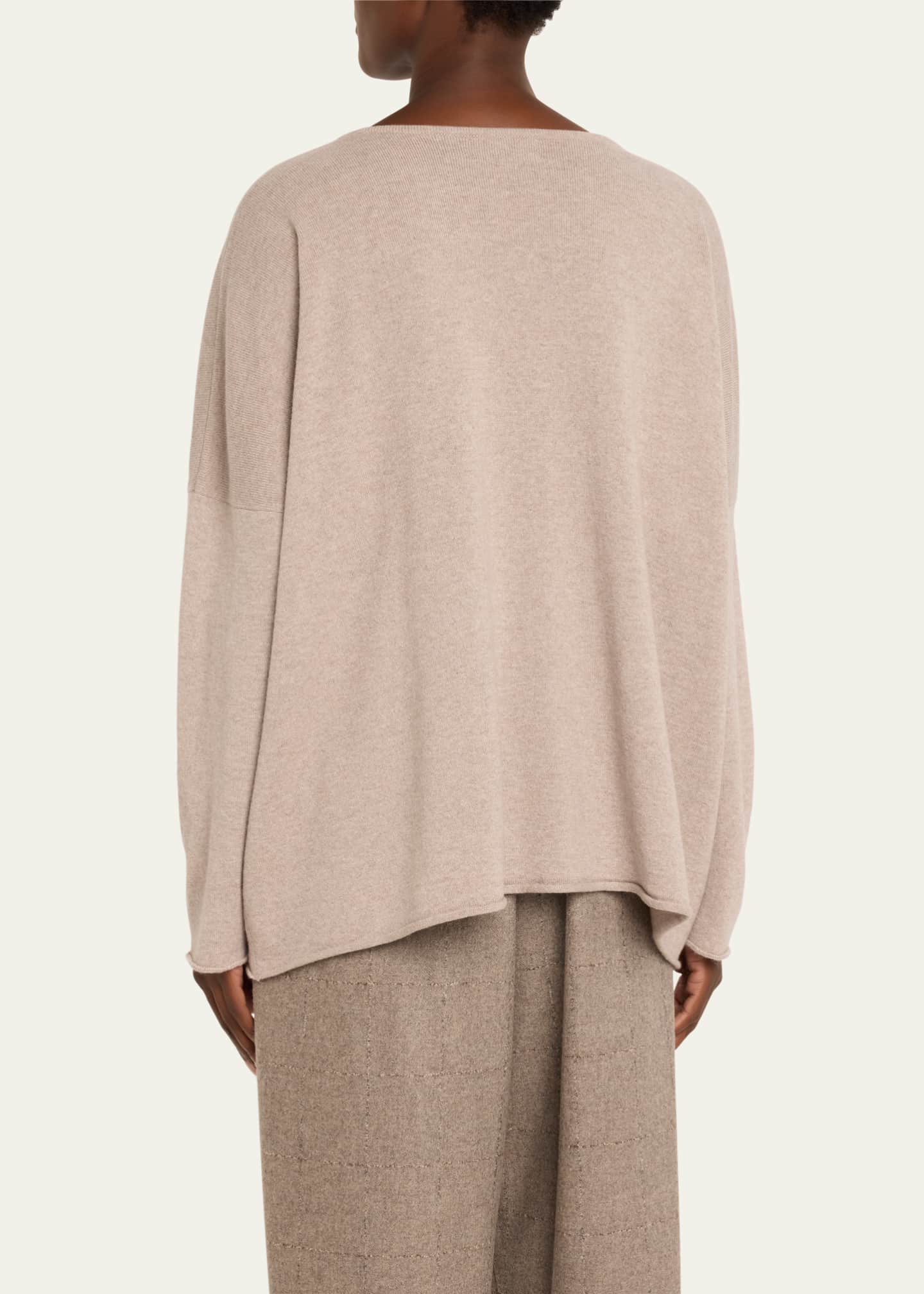 Eskandar Slim-Sleeve Raw Edge Bateau-Neck Sweater (Mid Plus Length) Image 3 of 5