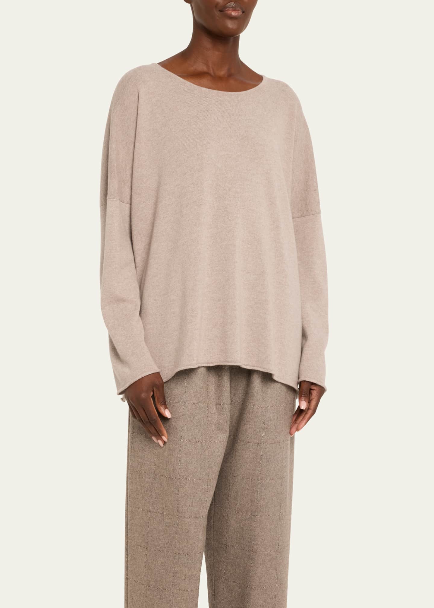 Eskandar Slim-Sleeve Raw Edge Bateau-Neck Sweater (Mid Plus Length) Image 4 of 5
