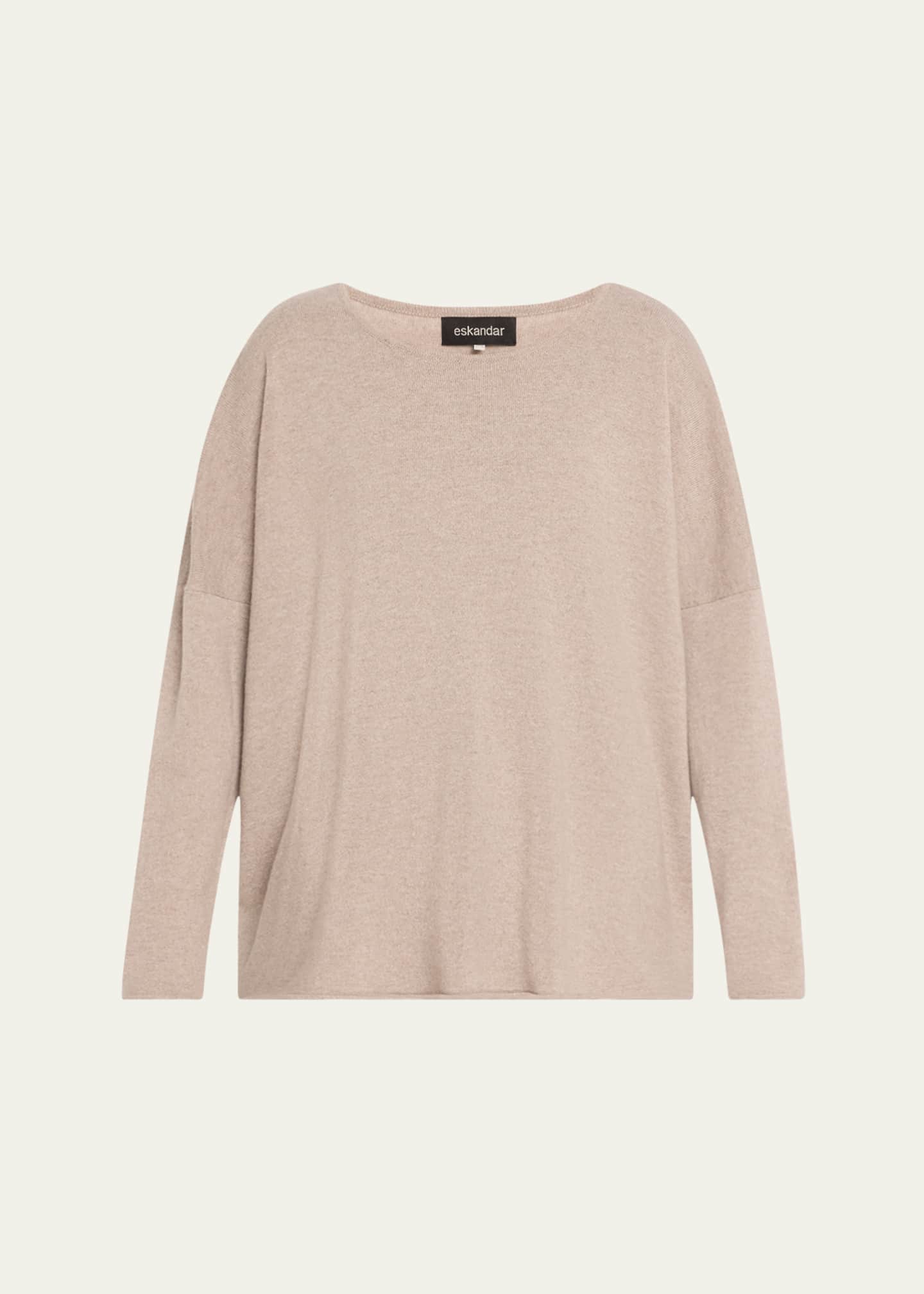 Eskandar Slim-Sleeve Raw Edge Bateau-Neck Sweater (Mid Plus Length) Image 1 of 5