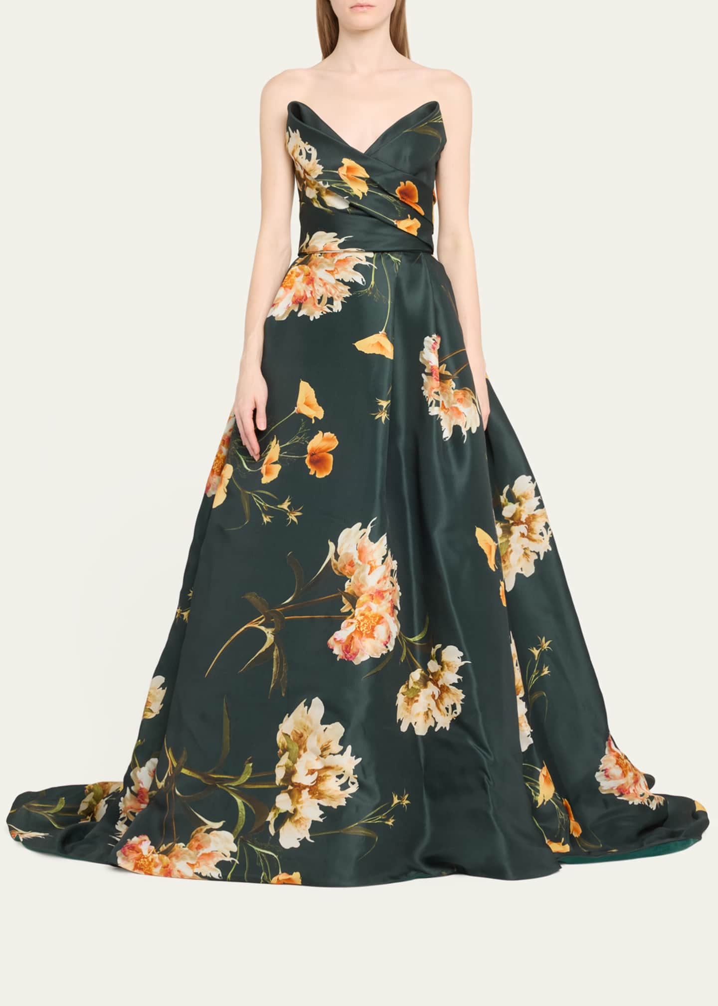 Monique Lhuillier Floral Draped Bodice Strapless Ballgown Image 2 of 4