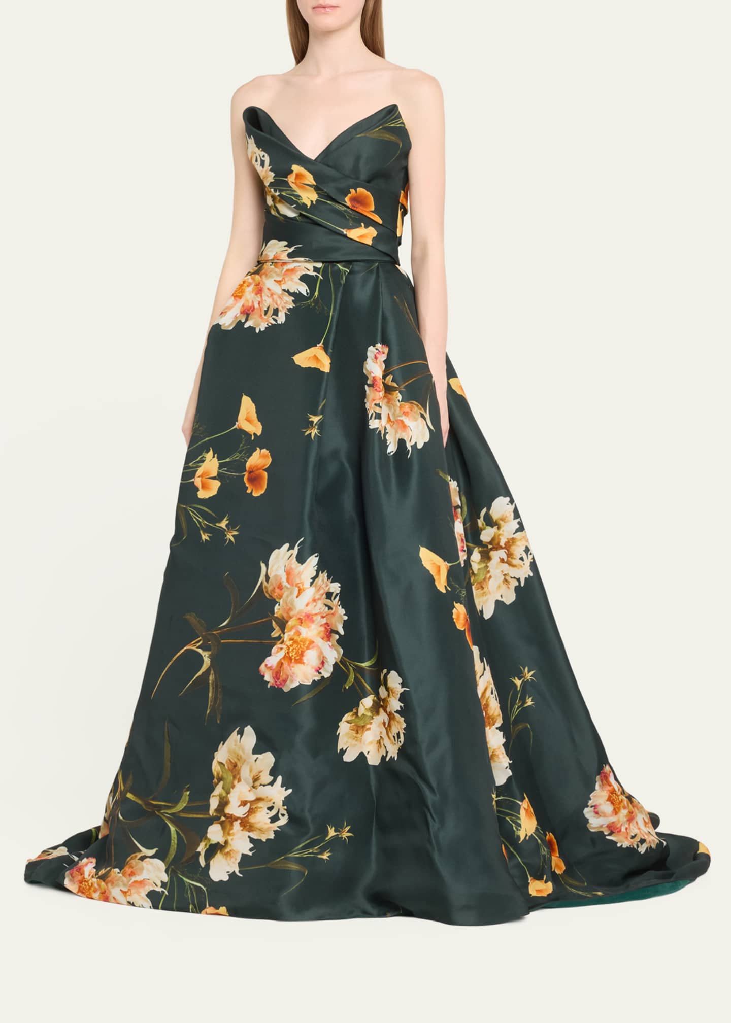 Monique Lhuillier Floral Draped Bodice Strapless Ballgown Image 3 of 4