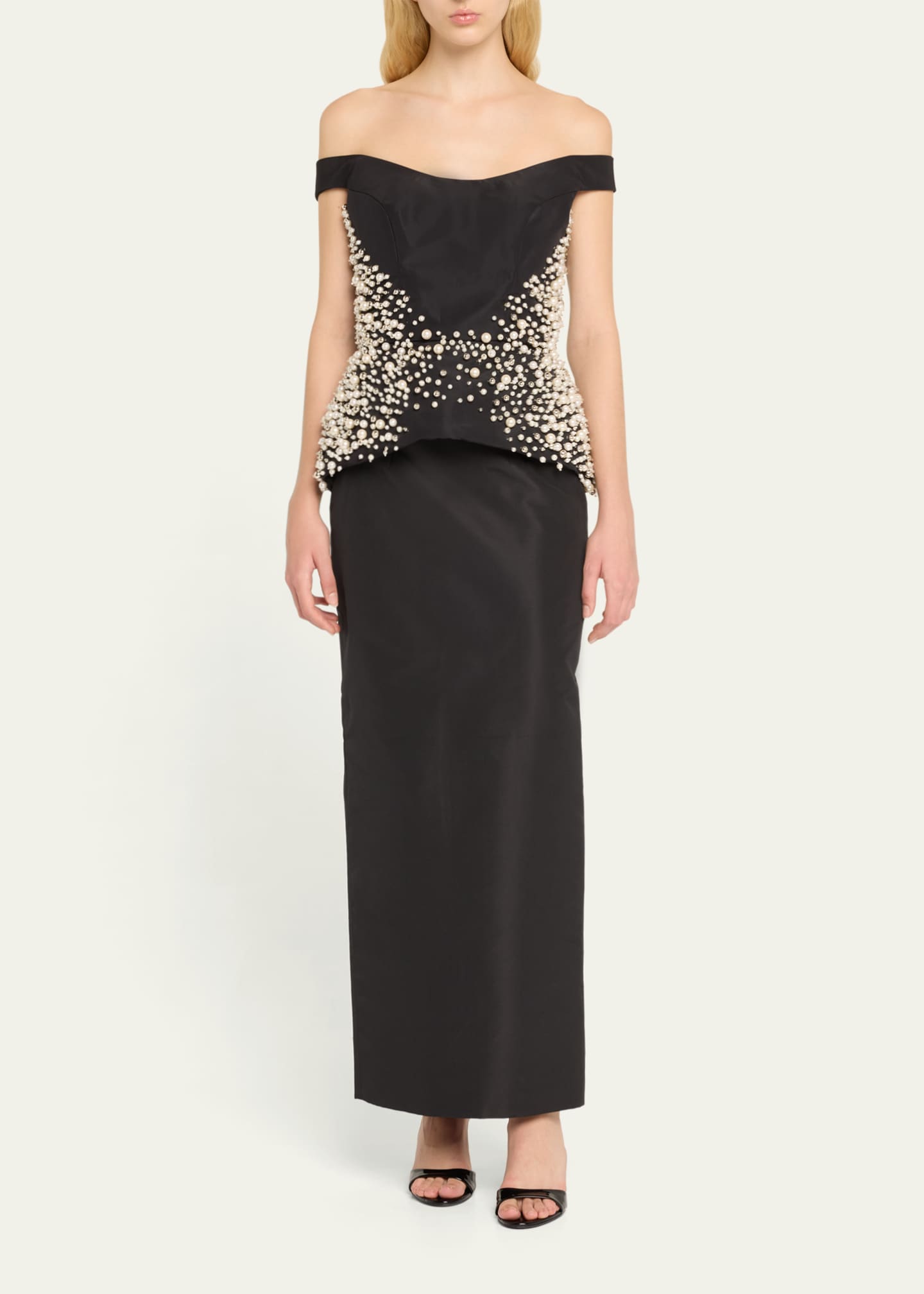 Monique Lhuillier Off-Shoulder Pearl Embroidered Silk Peplum Top Image 2 of 5