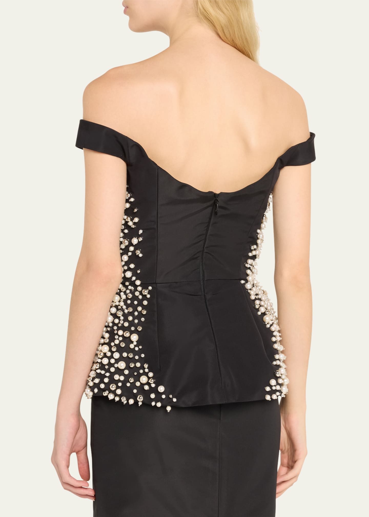 Monique Lhuillier Off-Shoulder Pearl Embroidered Silk Peplum Top Image 3 of 5