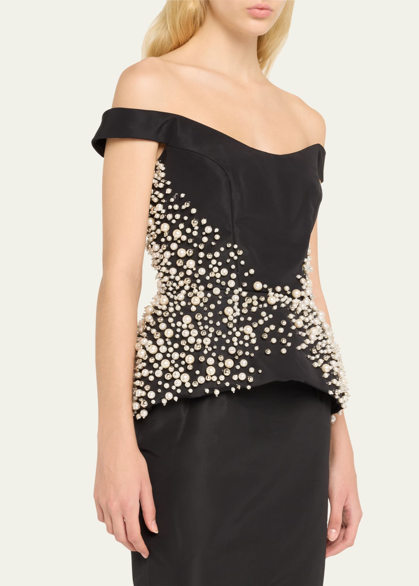 Monique Lhuillier Off-Shoulder Pearl Embroidered Silk Peplum Top Image 4 of 5