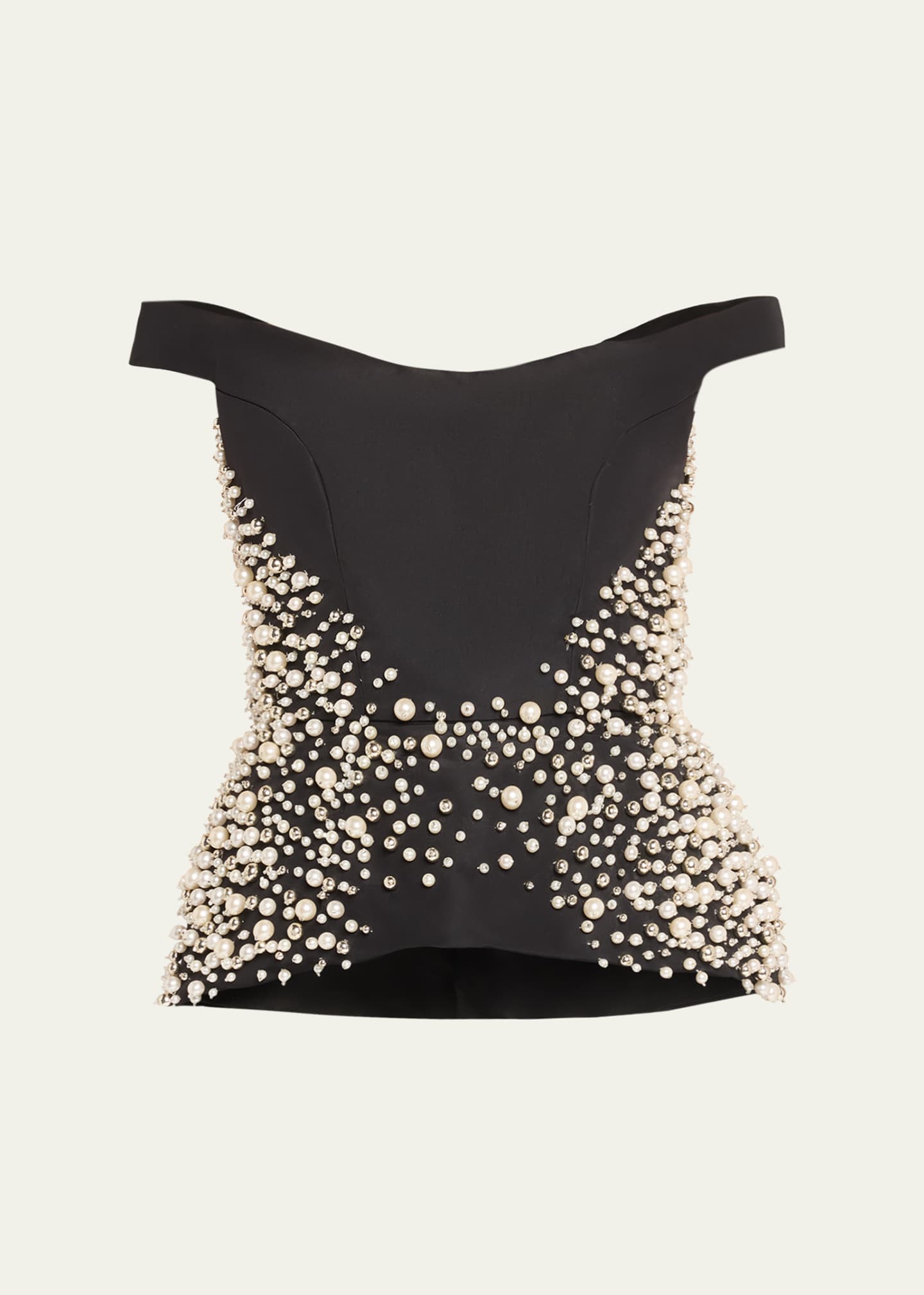 Monique Lhuillier Off-Shoulder Pearl Embroidered Silk Peplum Top Image 1 of 5