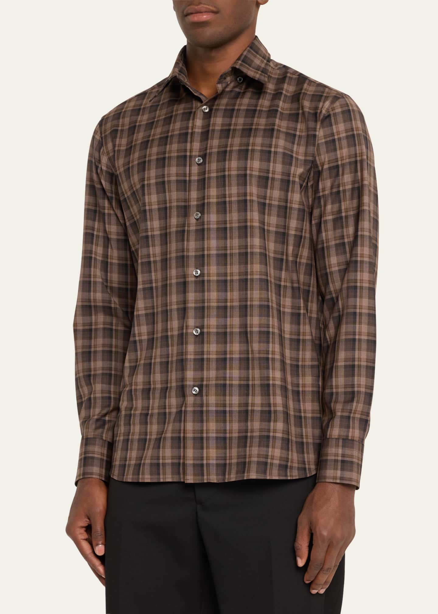 Brioni Men's Wool Check Casual Button-Down Shirt Image 4 of 5