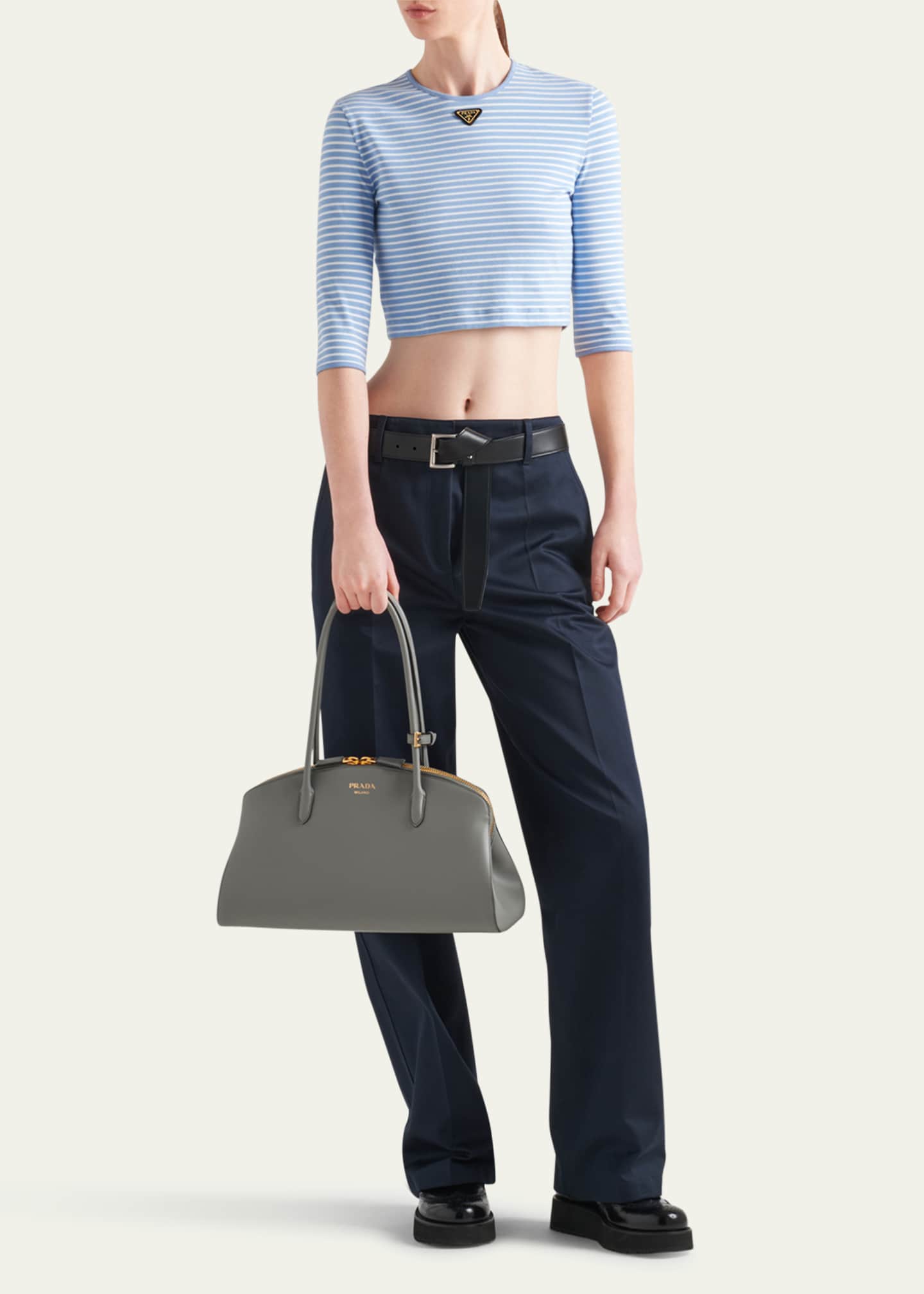 Prada Stripe Three-Quarter Sleeve Jersey Crop Shirt Image 2 of 4