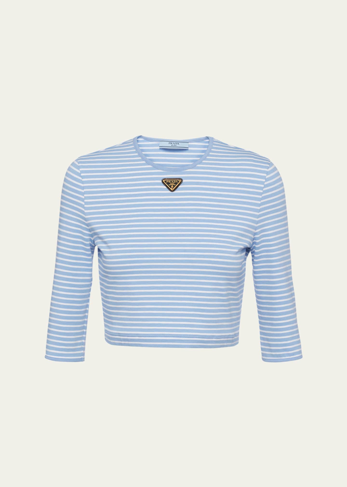 Prada Stripe Three-Quarter Sleeve Jersey Crop Shirt Image 1 of 4