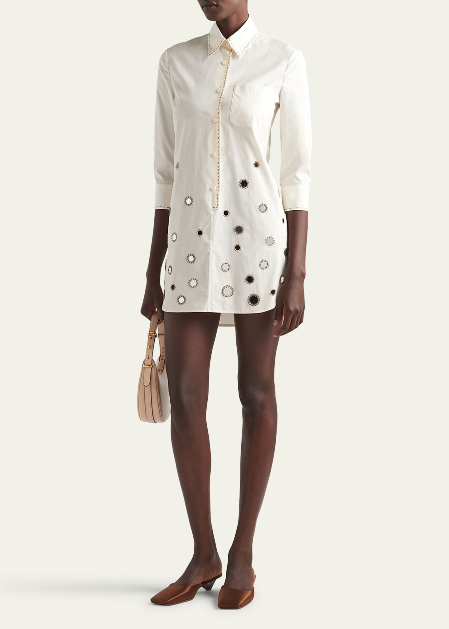 Prada Mirrored Three-Quarter Sleeve Poplin Mini Dress Image 2 of 5