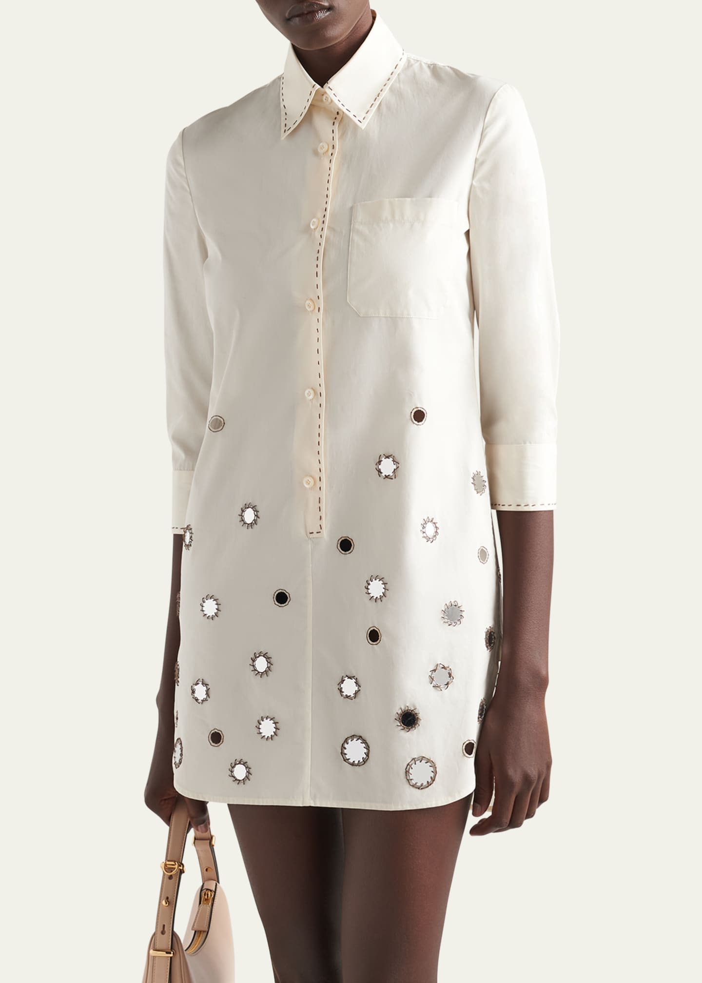 Prada Mirrored Three-Quarter Sleeve Poplin Mini Dress Image 4 of 5
